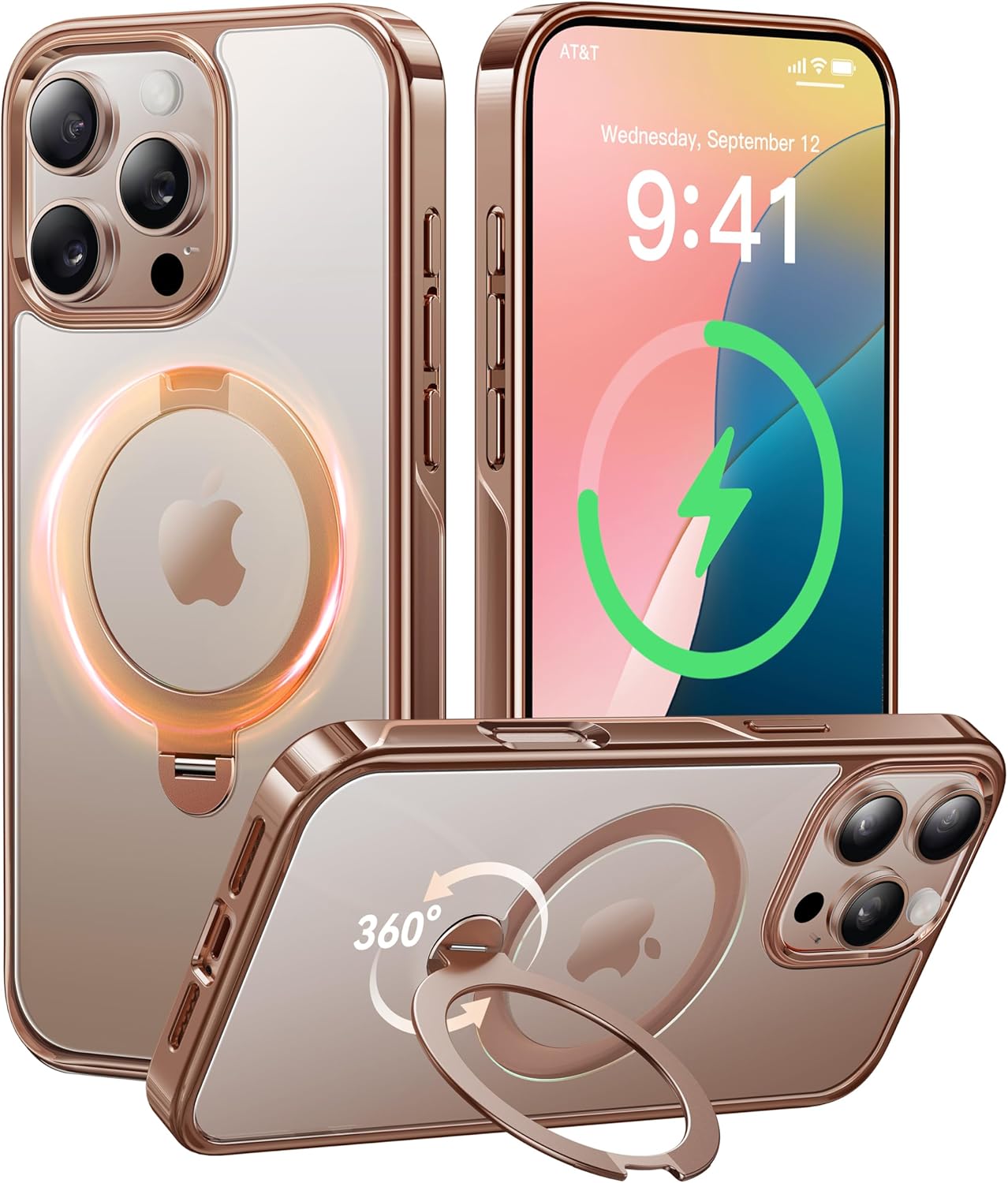 CASEKOO Desert Titanium for iPhone 16 Pro Case with 360° Spin Magnetic Stand [Compatible with Magsafe][16FT Military Protection] Slim for iPhone 16 Pro Case Ring Kickstand 6.3'', Rose Gold