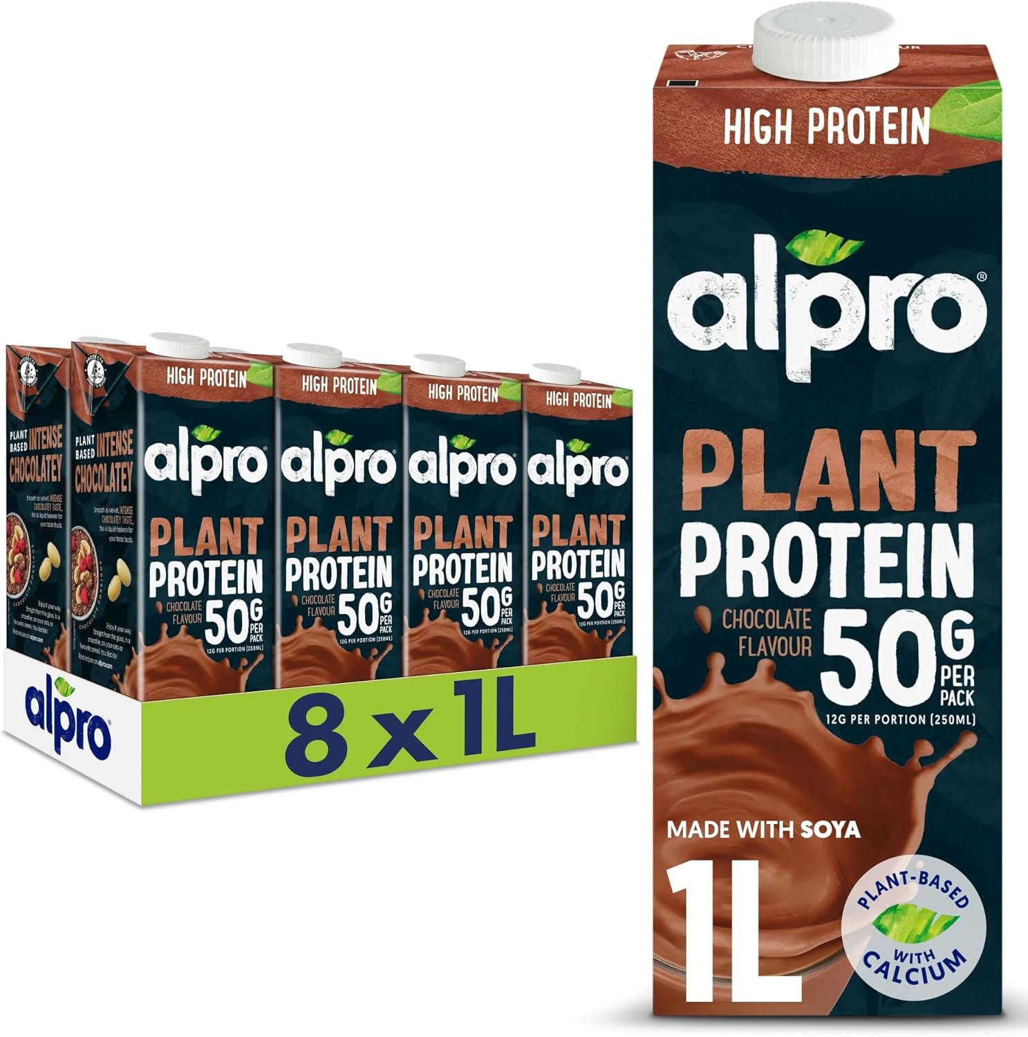 Alpro Chocolate Soya High Protein Plant-Based Long Life Drink - Vegan Dairy Free & Lactose Free Milk Alternative - 1 Litre (Pack of 8)