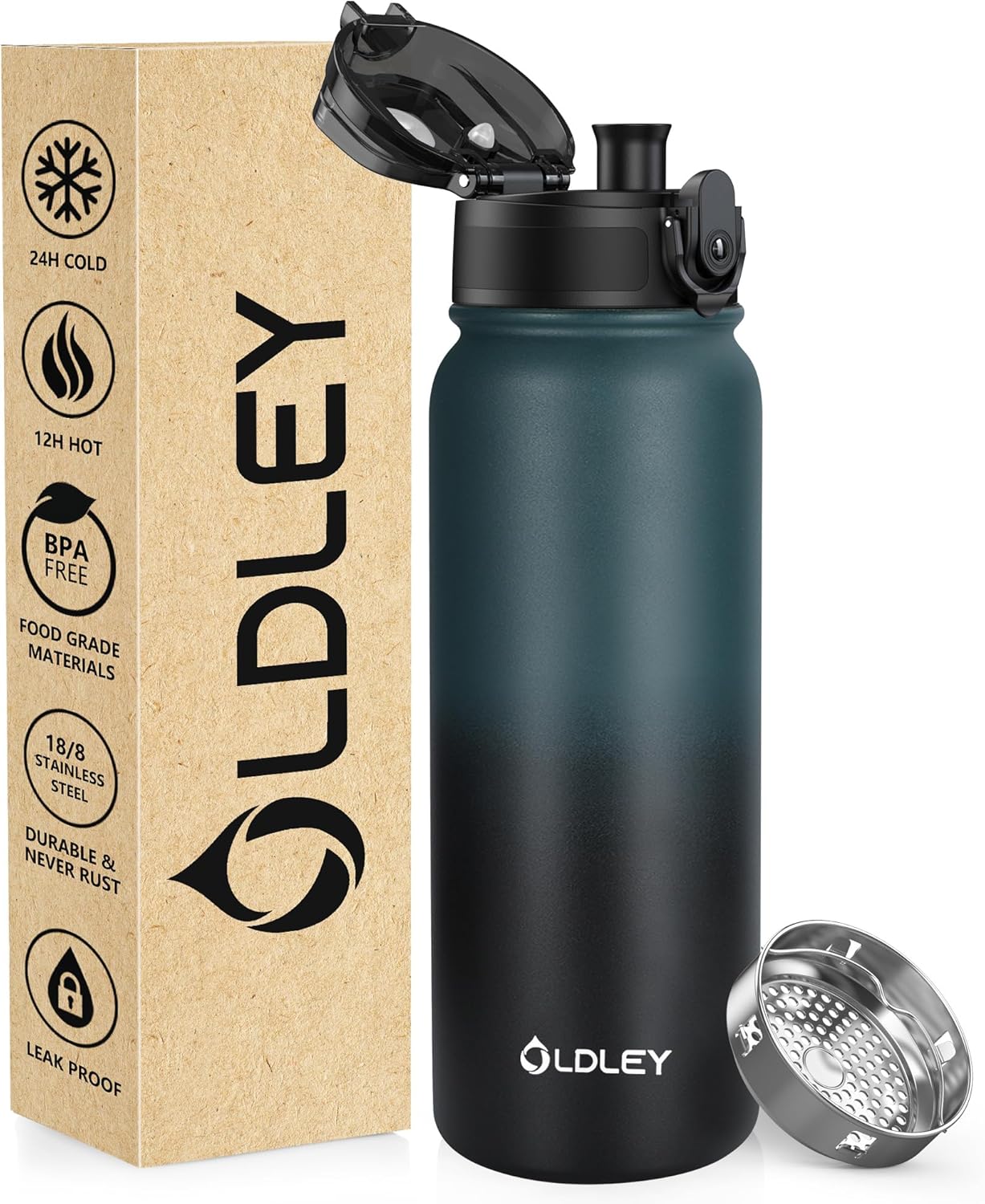 OLDLEY 600ml/20oz Stainless Steel Water Bottle Double Walled Vacuum Flask Keeps Drink Hot and Cold Leakproof BPA Free 600ML Metal Insulated Water Bottle for Sport Work Outdoor Hiking (Green Black)