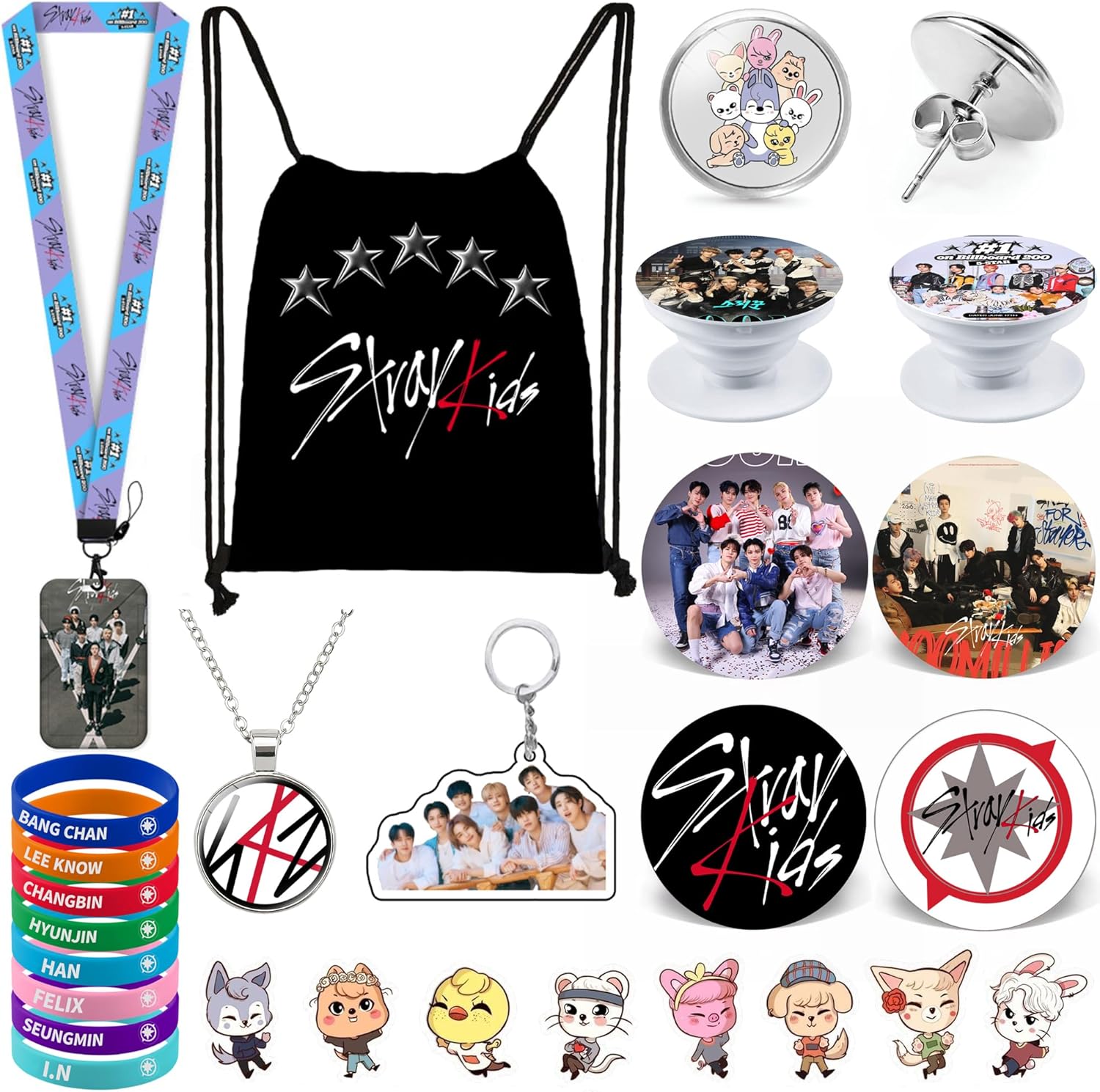 Kpop Stray Kids Gifts Set, Including Drawstring Bag Backpack, Necklace, Earrings, Bracelets, Button Pins, Lanyard ID Holder, Keychain, Phone Ring Holder, Cartoon Badge