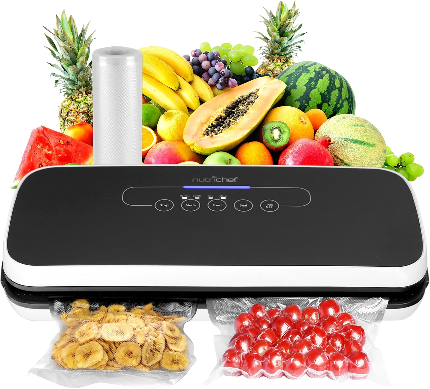 NutriChef Food Vacuum Sealer Machine - Automatic Air Sealing System for Dry & Moist Foods, LED Touch Controls, Includes Vacuum Bags, Hose & Wine Stopper, High Suction Power, 14"x6"x3", Black