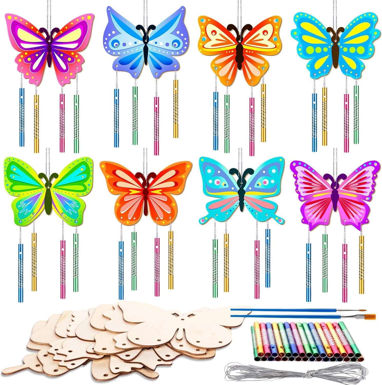 TCSYLSC 8Pcs Butterfly Wind Chime Kit, Wooden Wind Chime Kits for Kids, Butterfly Party Favors for DIY Craft for Birthday and Summer