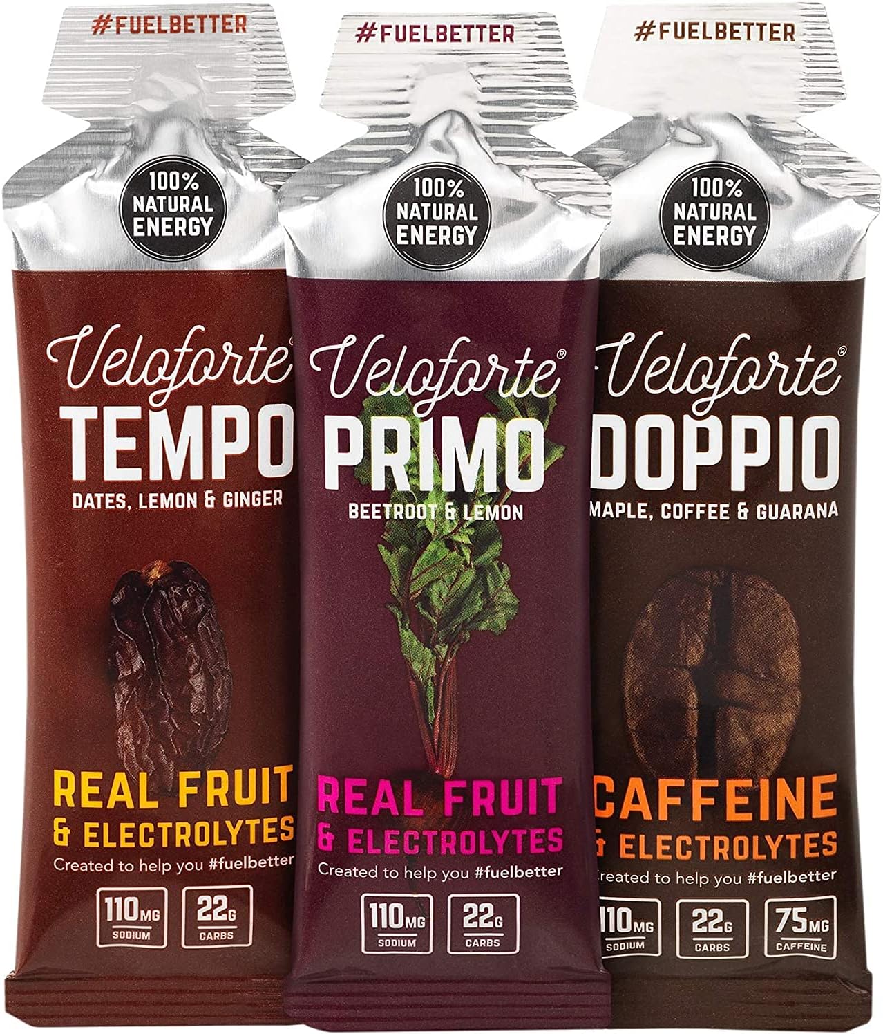 Veloforte Mixed Energy Gel Pack with Fast Releasing Energy, 100% Natural & Delicious Energy Gels with 22g of Natural Energy, Tempo, Doppio & Primo Flavour (24 Pack)