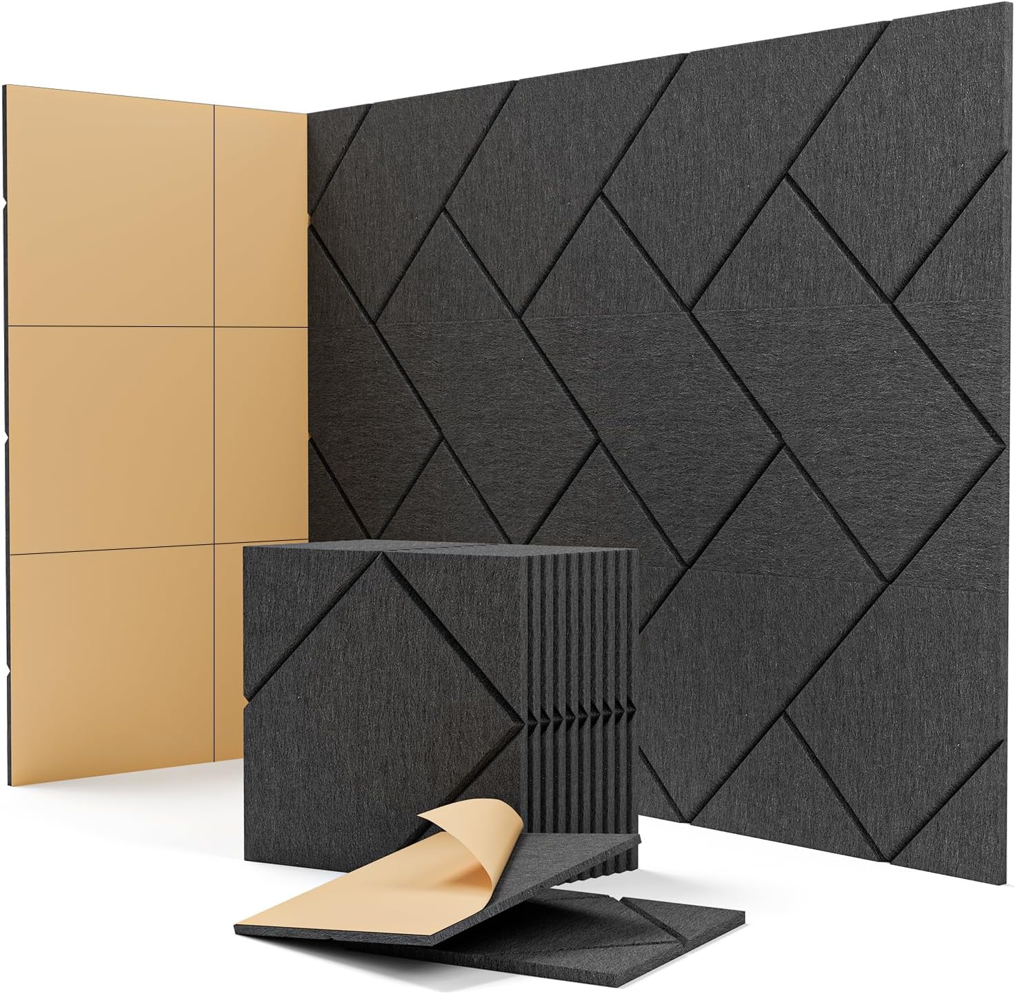 Sound Absorbing Panels Self-adhesive, 12 Pack Acoustic Panels for Studio, Gaming Room, Office, Living Room, Acoustic Treatment for Walls Door Ceiling 12" X 12" X 0.4", Black