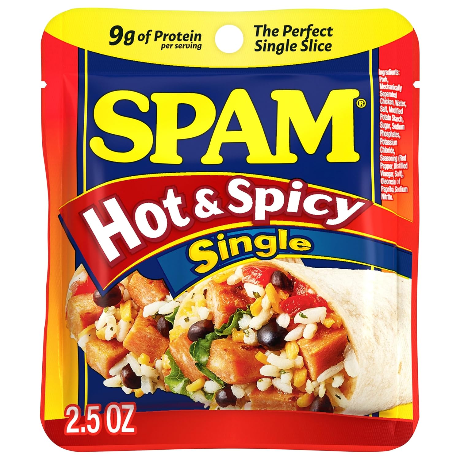 SPAM Single Hot & Spicy 2.5oz Individual Pouch (Pack of 12) Fully Cooked Pork and Ham, 9g of Protein, 0g Trans Fat, Low Carb, Keto-Friendly, Gluten Free, Easy Open, Perfect for Sandwiches & Breakfast