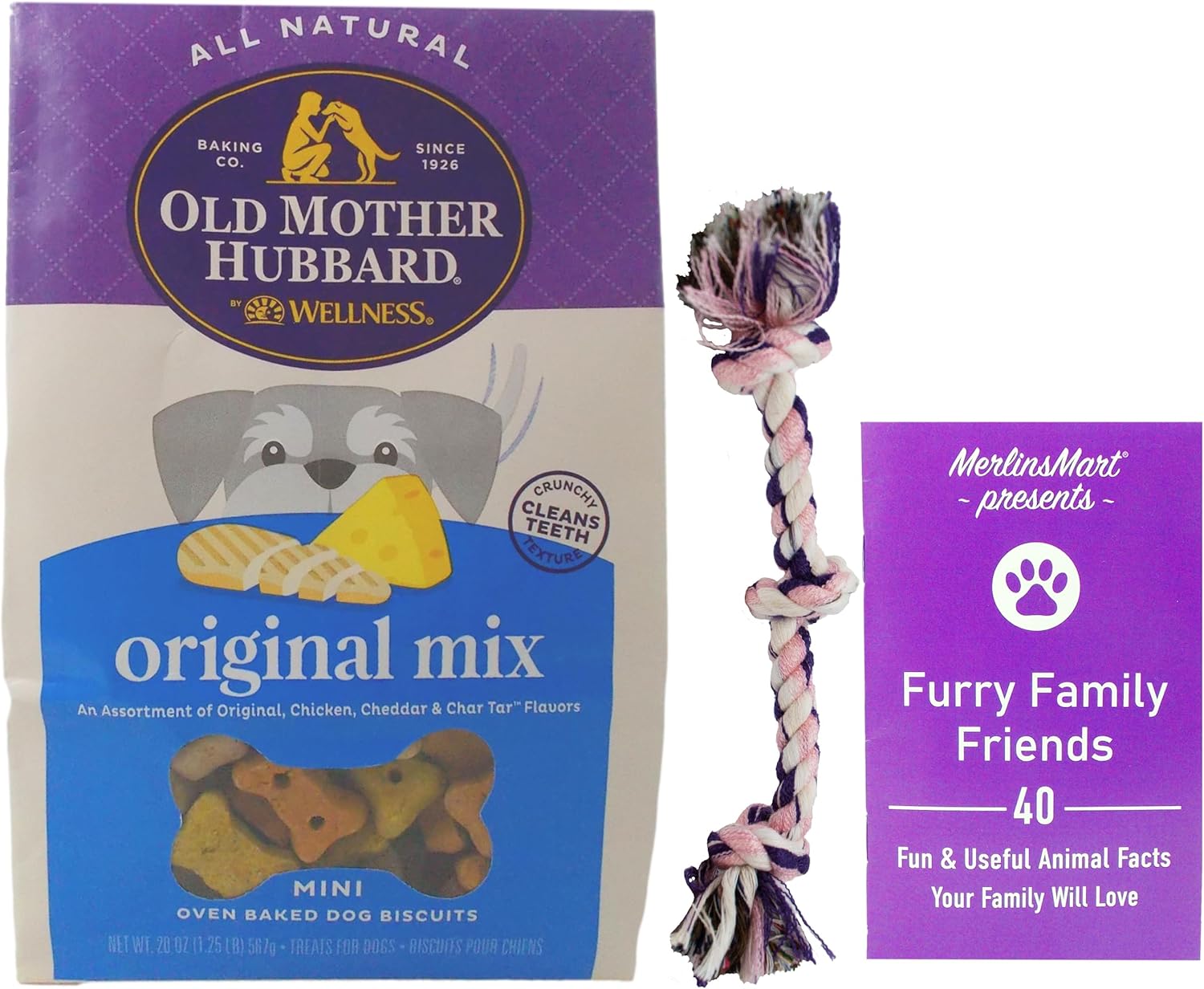 Old Mother Hubbard Classic Original Assortment Dog Treats - Mini Sized Snacks (20 Ounces) - Plus Rope Toy and Fun Animal Facts Booklet Bundle
