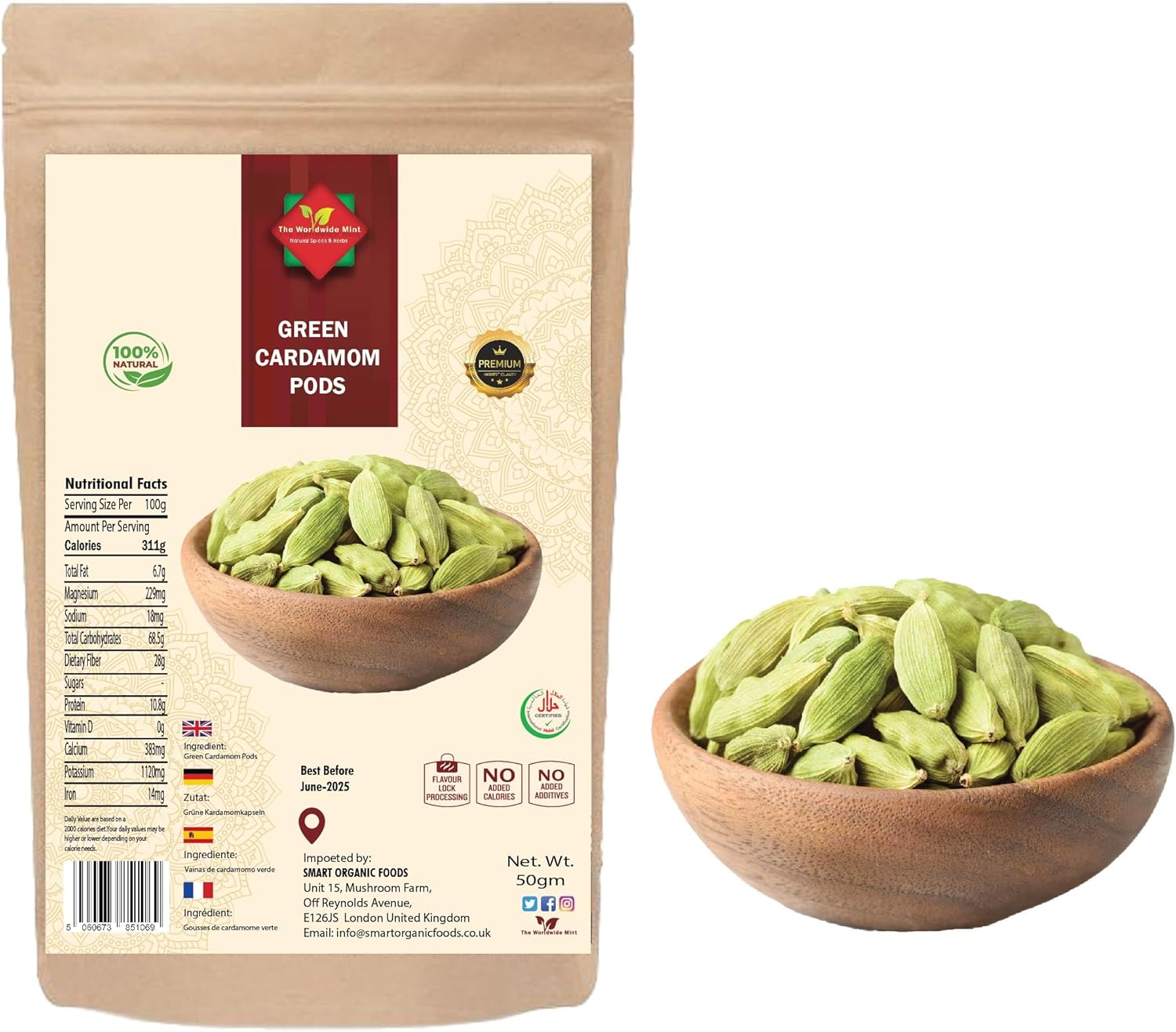 The Worldwide Mint Green Cardamom Pods Hari Elaichi Green Elachi Elaichi Pods Elaichi Vegan No Additive No Preservatives Processed in Certified Organic Environment Natural Bold Premium Quality 50g