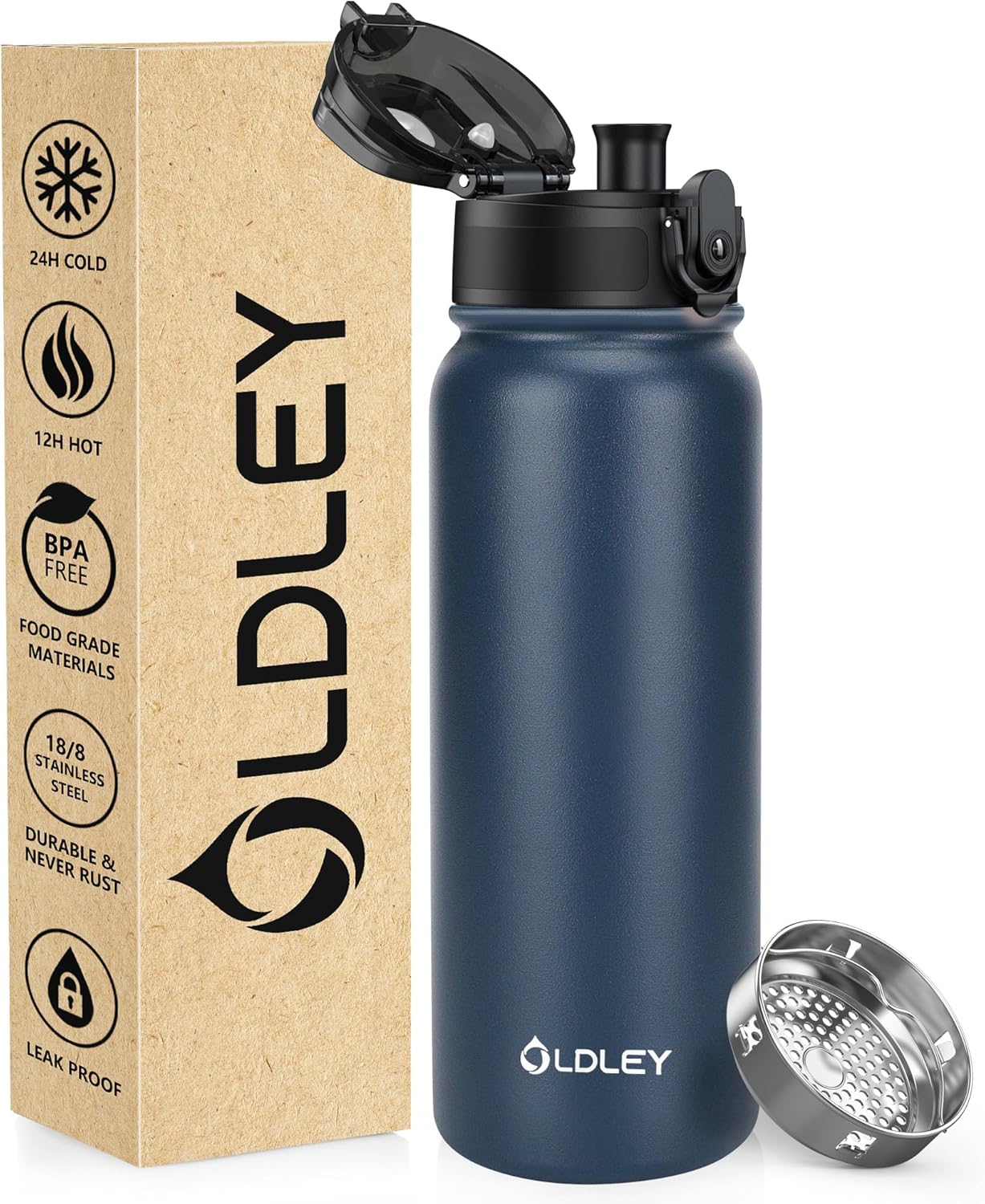 OLDLEY 600ml/20oz Stainless Steel Water Bottle Double Walled Vacuum Flask Keeps Drink Hot and Cold Leakproof BPA Free 600ML Metal Insulated Water Bottle for Sport School Outdoor Hiking (Navy Blue)