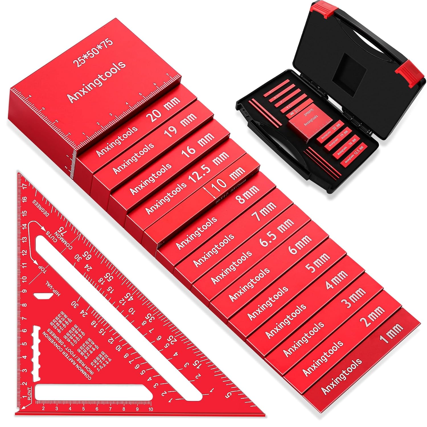 Metric Setup Blocks Height Gauge Set, 15pcs Precision Aluminum Setup Bars Guage Block Set Include Aluminum Alloy Triangle Ruler for Router and Table Saw Accessories Woodworking Set Up