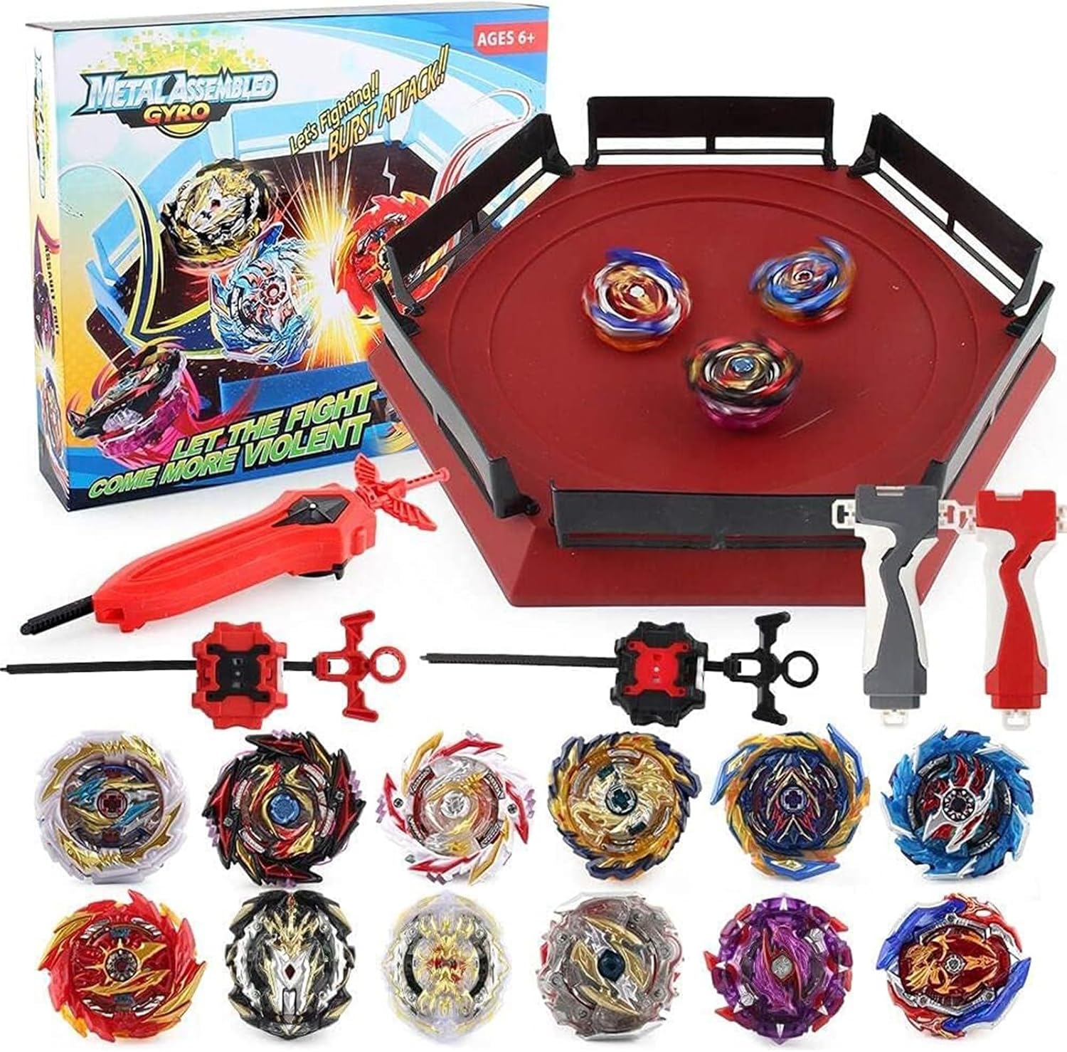 TUKIIE Battling Top Stadium Gyro Toy Set, 12 Spinning Tops with 3 Launchers, Metal Fusion Fighting Top Set Toys Xmas Birthday Present for Boys Kids Ages 6+