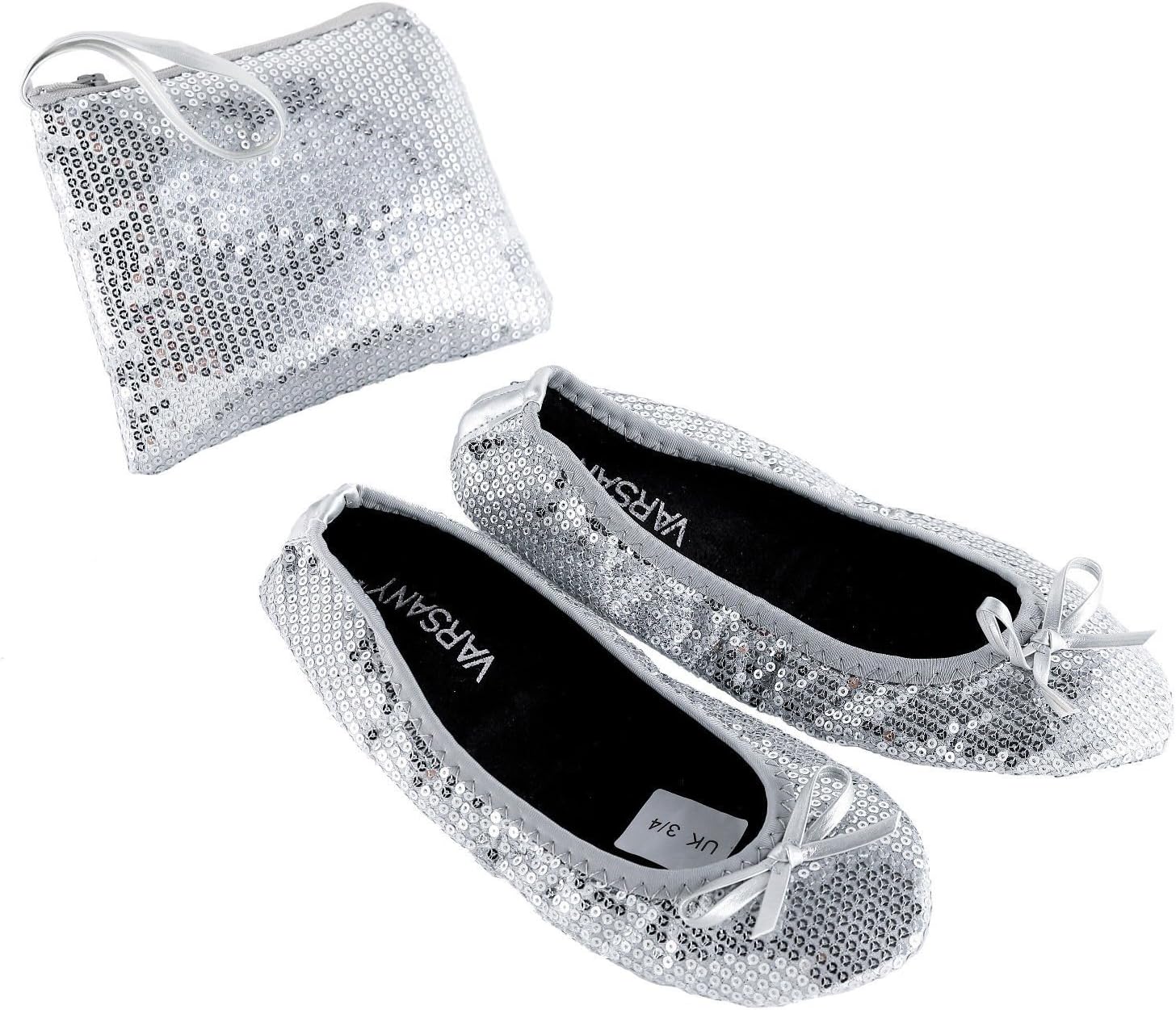 Sequin Silver UK7/8 Roll Up Satin Shoes Foldable Pumps Flats Ballet Dance Ladies After Party Shoes with Foldable Bag