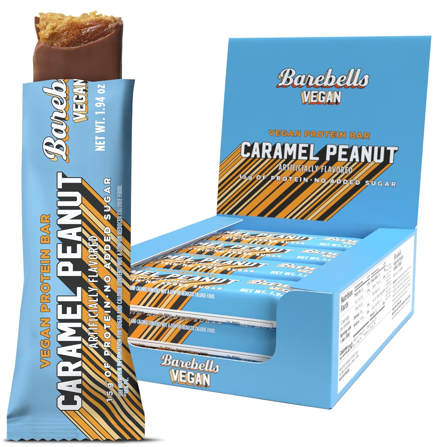 Barebells Plant Based Protein Bars, Peanut Caramel - 12 count, 15g of Plant-Based High Protein Treats - Chocolate Nutrition Bar with 1g Total Sugar - On The Go Breakfast or Post-Workout Snack