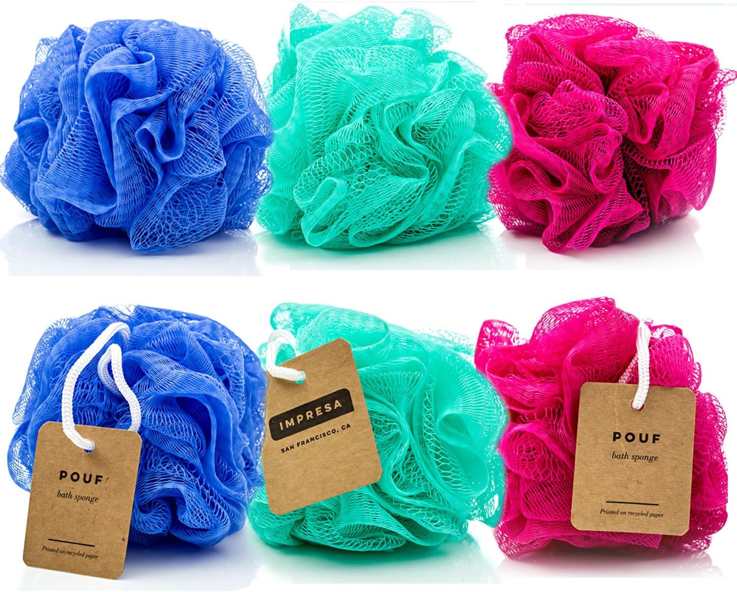 IMPRESA Loofah (Luffa) Mesh Bath & Shower Sponges, Bulk 6-Pack for Adults, Kids - Loofah Sponge - Lufas for Men - Shower Pouf - Lufas for Women