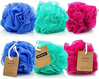 IMPRESA Loofah (Luffa) Mesh Bath & Shower Sponges, Bulk 6-Pack for Adults, Kids - Loofah Sponge - Lufas for Men - Shower Pouf - Lufas for Women