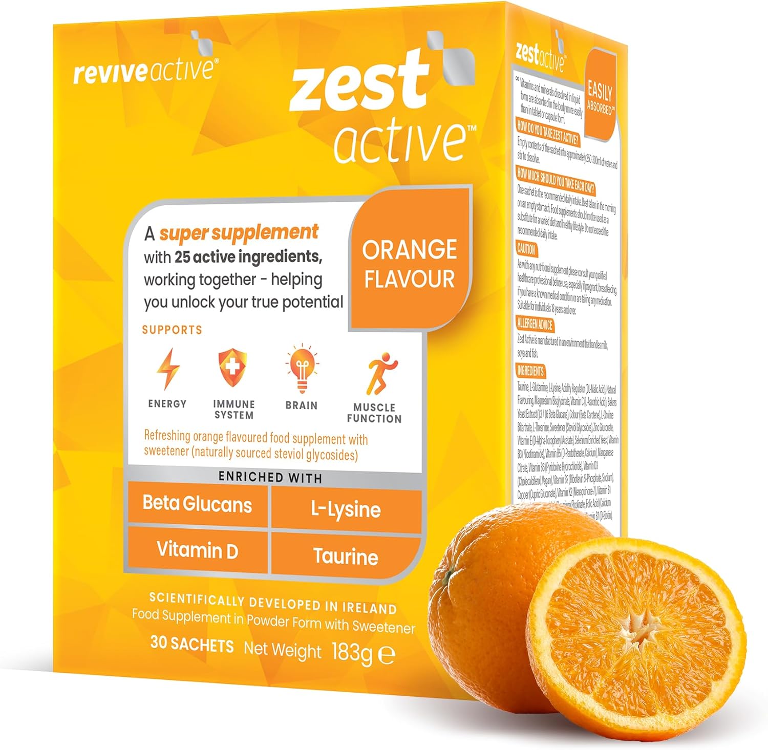 Zest Active Super Supplement Orange Flavour - 25 Ingredients in One Daily Sachet - Everyday Boost Supports Energy, Immune System, Brain & Muscle Function - 30 Day Supply