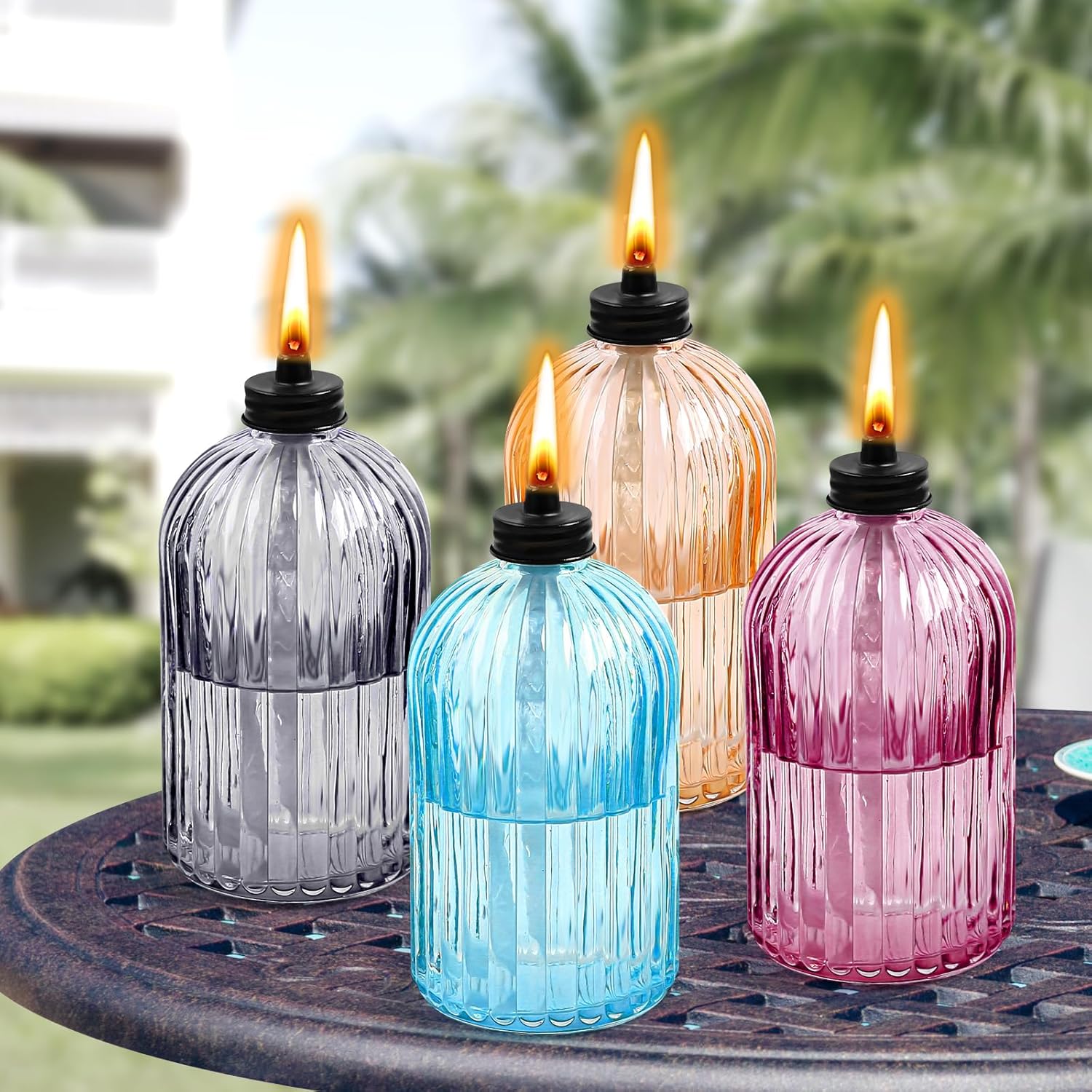 4 Pack Glass Table top Torch,13.5 oz Citronella Torches for Outside,Refillable Flame Light Torch with Wicks and Covers, Landscape Lanterns Torches for Yard,Patio, Garden,Party Decor, DIY.