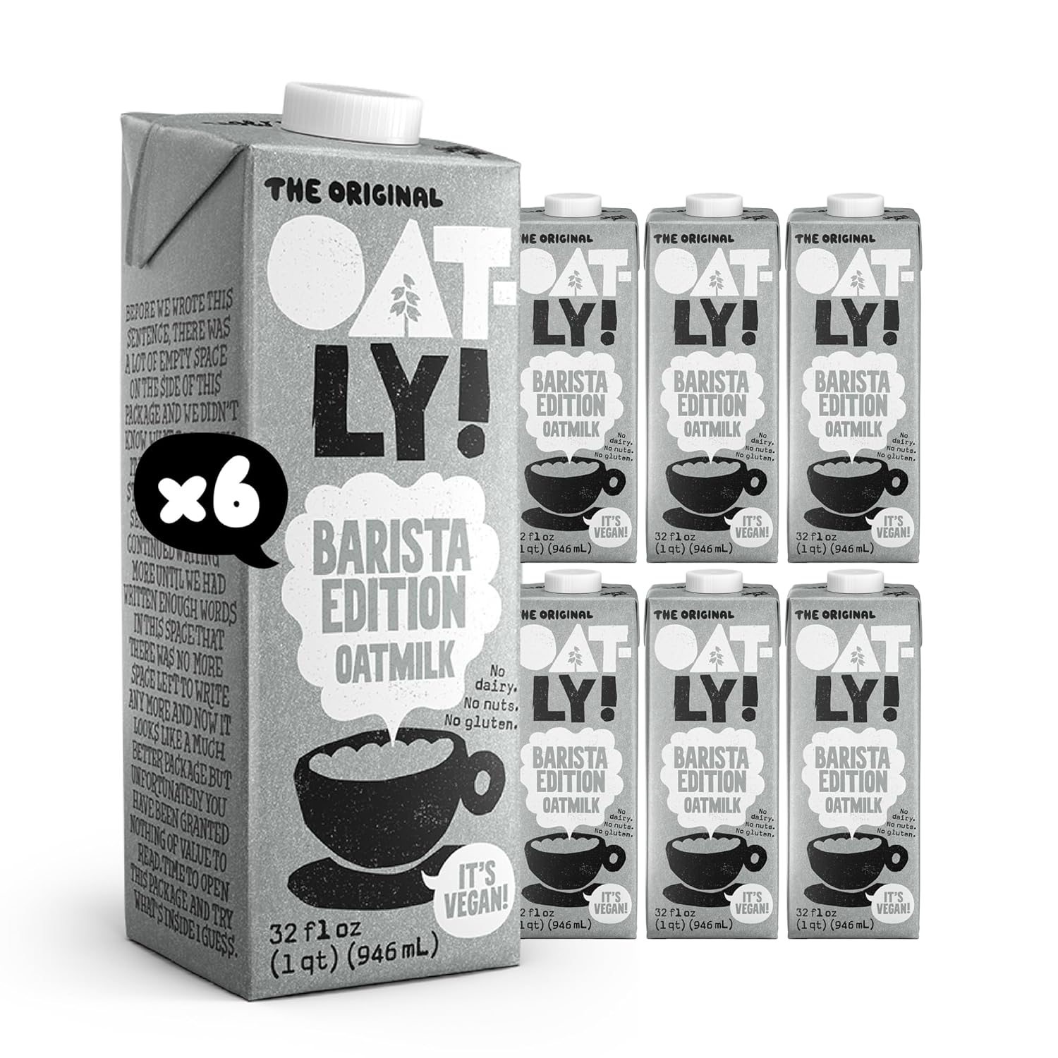 Oatly Barista Edition Oat Milk - Crafted for Coffee | Dairy-Free, Plant-Based, Shelf-Stable Milk that makes Perfect Foam (32 oz, 6-pack)