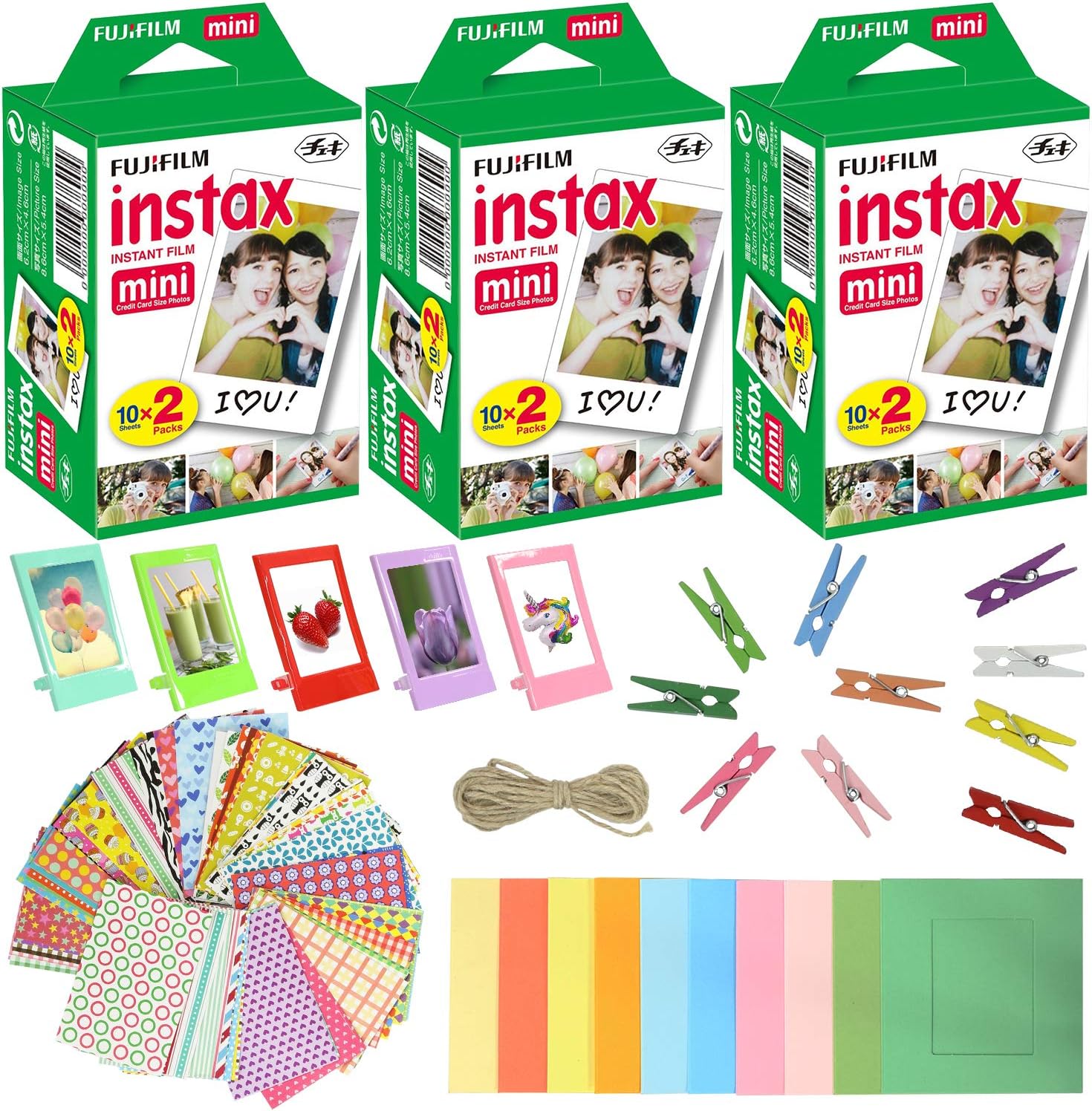 Fujifilm Instax Mini Instant Film (3 Pack, 60 Sheets) 5 Plastic Desk Frames + 10 Paper Frames Plus 60 Sticker Frames