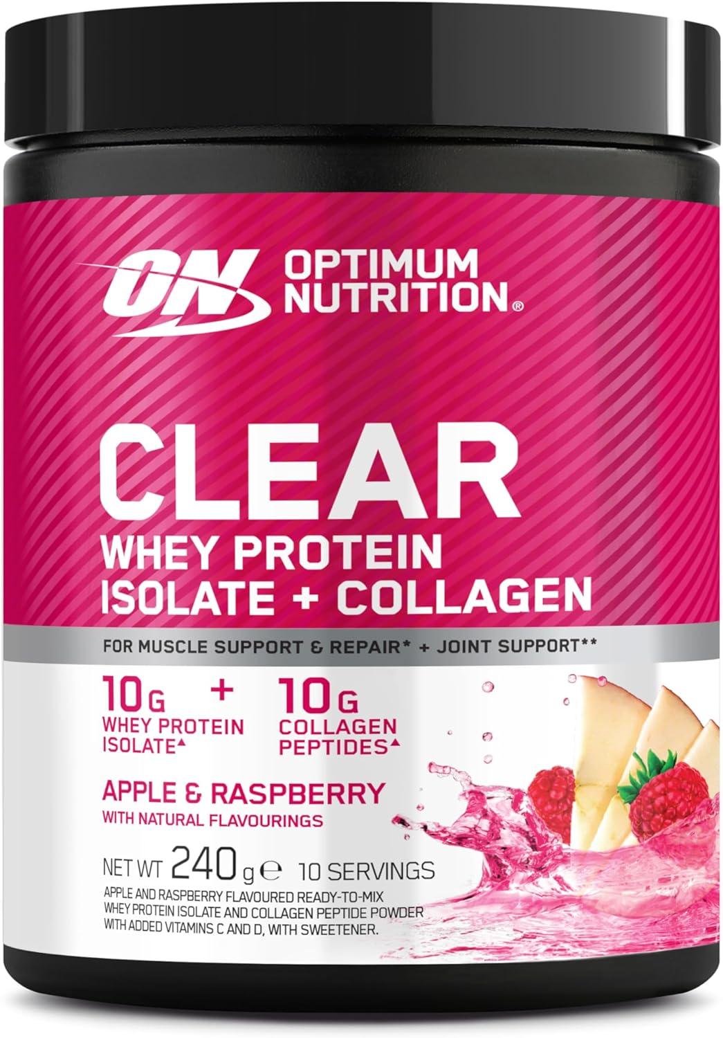 Optimum Nutrition Apple and Raspberry Flavoured Ready-to-Mix Whey Protein Isolate and Collagen Peptide Powder with Added Vitamins C and D, with Sweetener, 10 Servings, 240g
