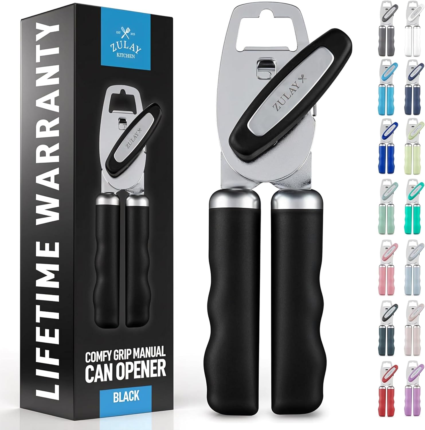 Zulay Kitchen Heavy Duty Stainless Steel Can Opener Manual with Bottle Opener - Rust Proof Manual Can Opener With Turn Knob & Soft Grip Handles - Black