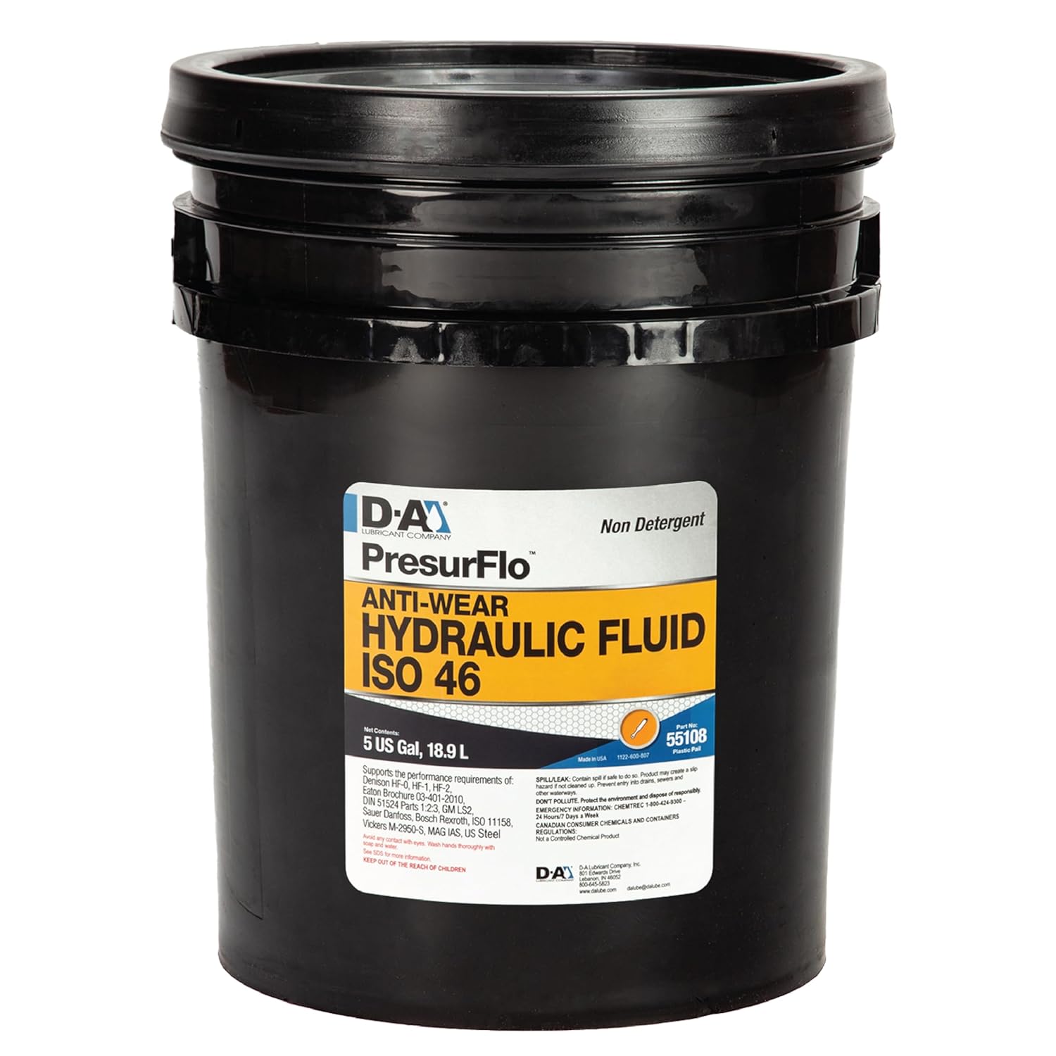 D-A LUBRICANT COMPANY 55108, Presurflo Hydraulic Fluid ISO 46, 5 Gallon