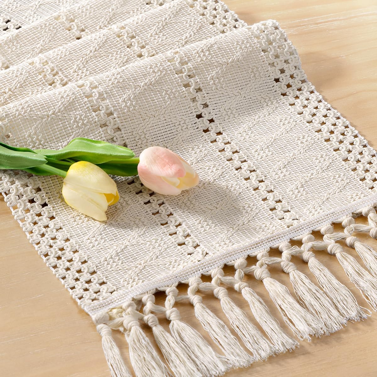 Socomi Boho Table Runner Summer Farmhouse Rustic Dining Kitchen Centerpiece Decor Small Macrame Woven Cotton Linen Coffee Table Runner for Dresser Scarf Home Decor 12x48 inch Beige