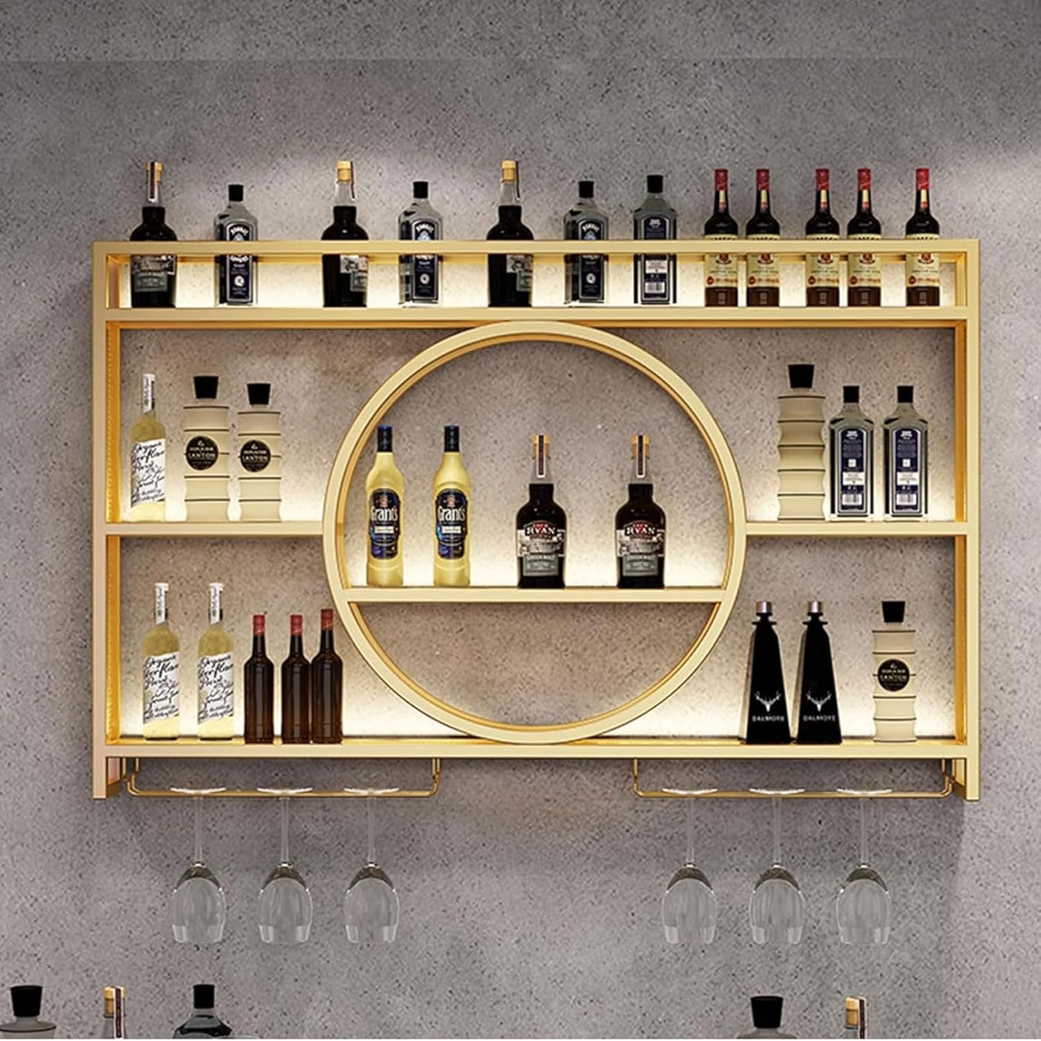 Zanefo Wall Mounted Wine Rack with LED lighting & modular wine bottle holder | home bar for home bar, kitchen, catering | Robust wall wine rack + easy installation(Includes Dowels) (Gold, 1.2 m)