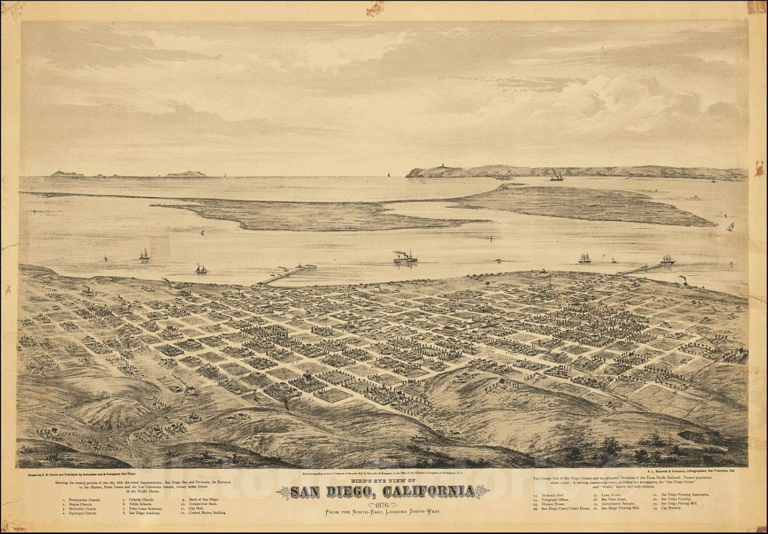 Historic Map : Bird's Eye View of San Diego, California 1876. from The North-East, Looking South-West, 1876 v1, Vintage Wall Art : 63in x 44in