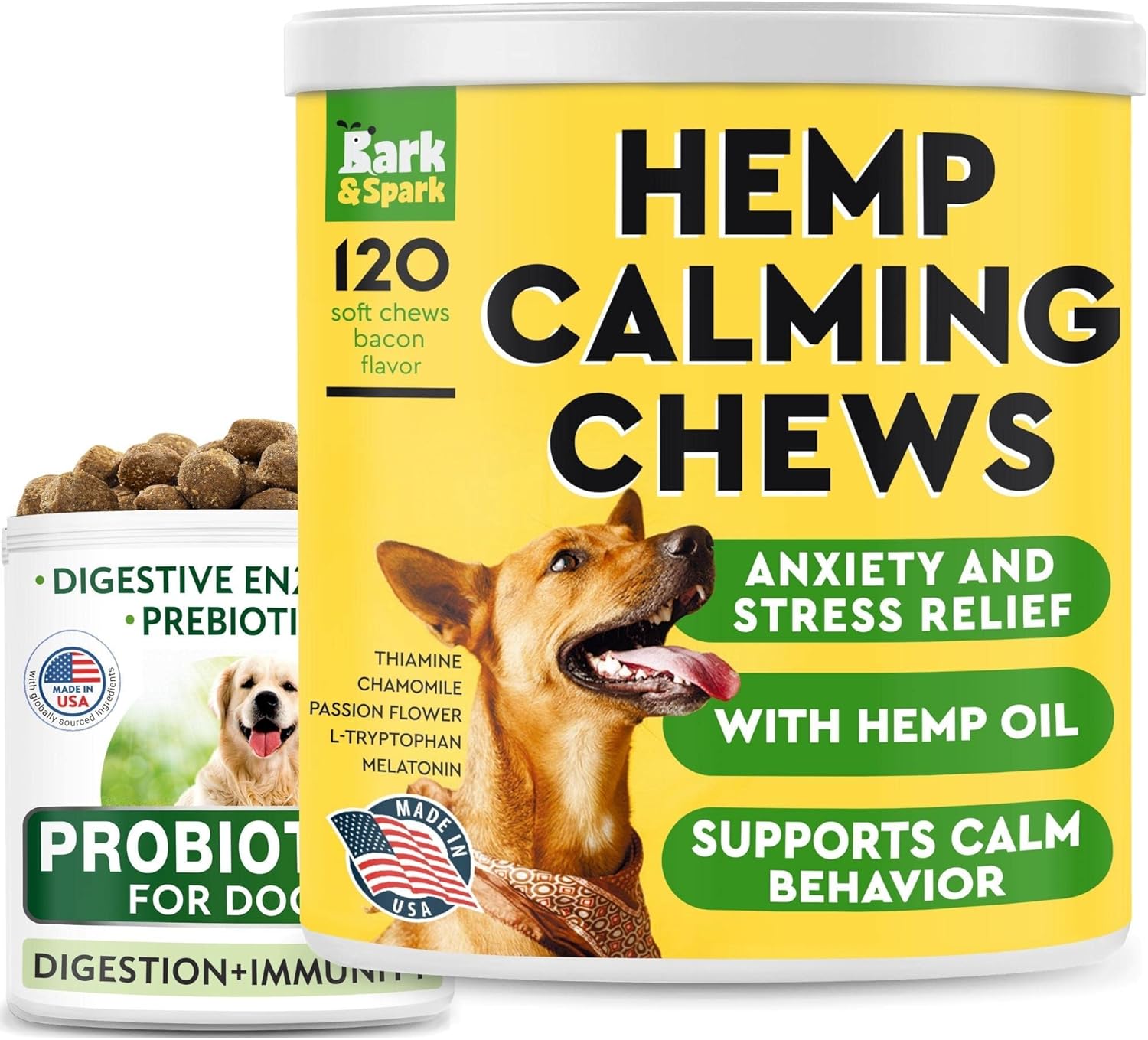 Dog Probiotics Chews + Calming Hemp Treats Bundle - Gas, Diarrhea, Allergy, Constipation, Upset Stomach Relief + Anxiety Relief - Separation Aid - Stress Relief During Fireworks, Storms, Thunder