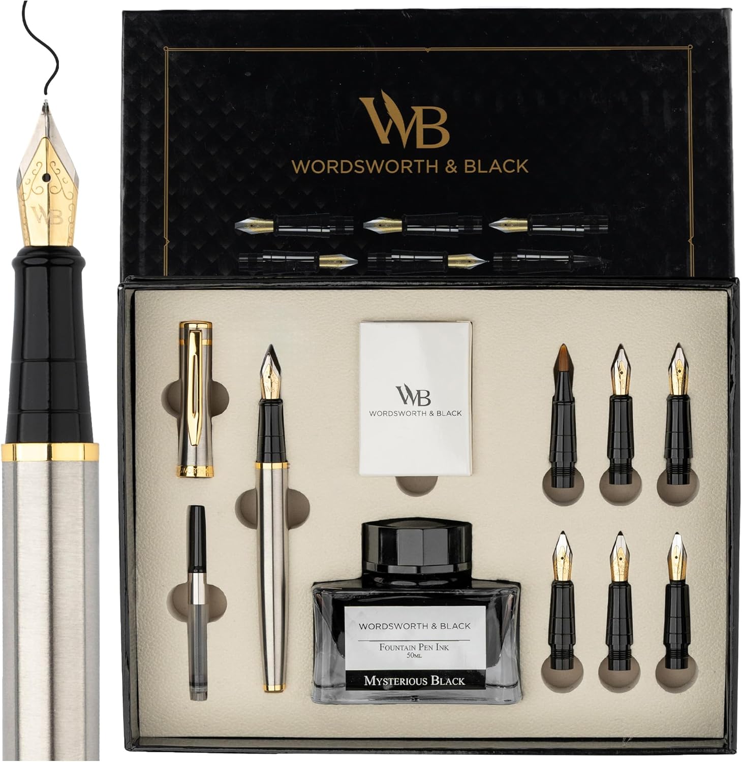 Wordsworth & Black Calligraphy Pen Gift Set, Includes Ink Bottle, 6 Ink Cartridges, Ink Refill Converter, 6 Replacement Nibs, Premium Package, Journaling, Smooth Writing Pens [Silver Gold]