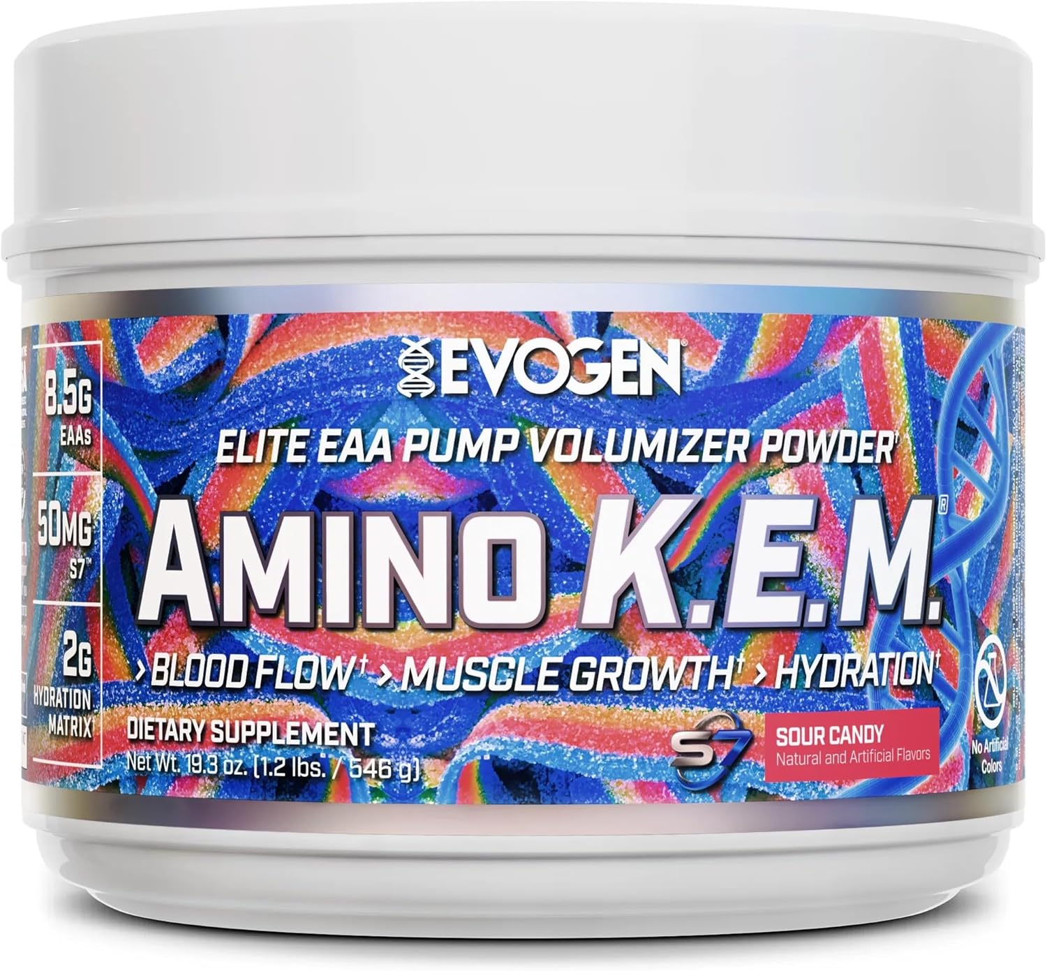 Evogen Amino K.E.M. - EAA & BCAA Powder Pump Volumizer | BCAAs Amino Acids Supplement for Blood Flow, Muscle Growth, & Hydration | Sour Candy | 30 Servings
