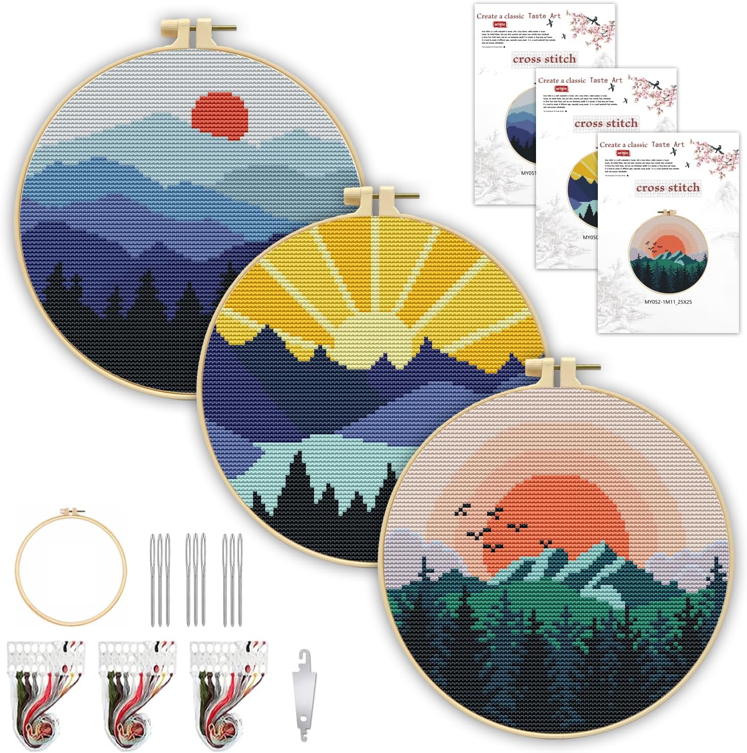 3 Pack Landscape Stamped Cross Stitch Kits for Beginners,with Hoop 8x8in