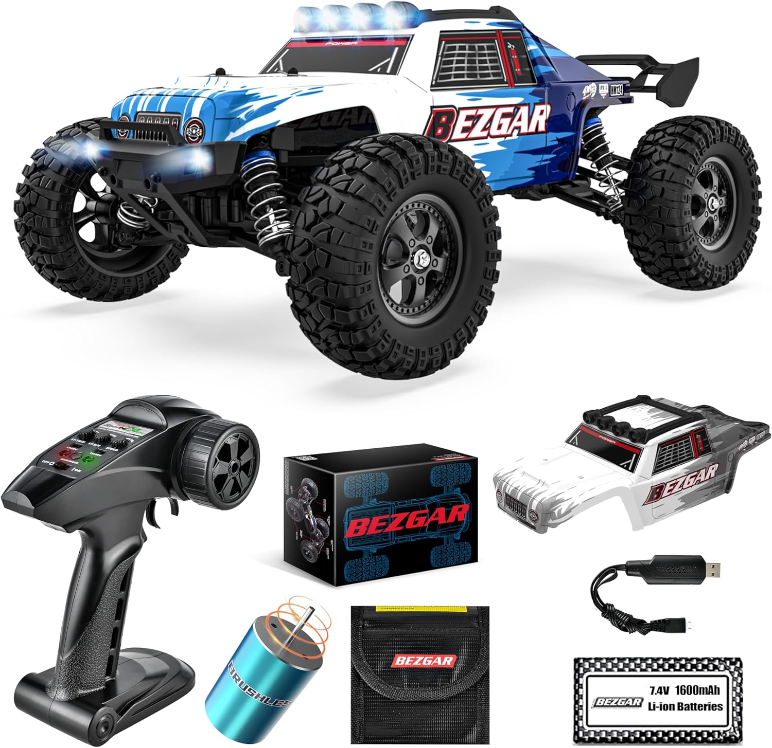 BEZGAR HM124 Brushless RC Car - 1:12 Scale 52+KM/H High Speed RC Truck, 4x4 Offroad Waterproof for All Terrains, Hobby Grade Remote Control Truck for Adults and Kids Boys with Rechargeable Battery