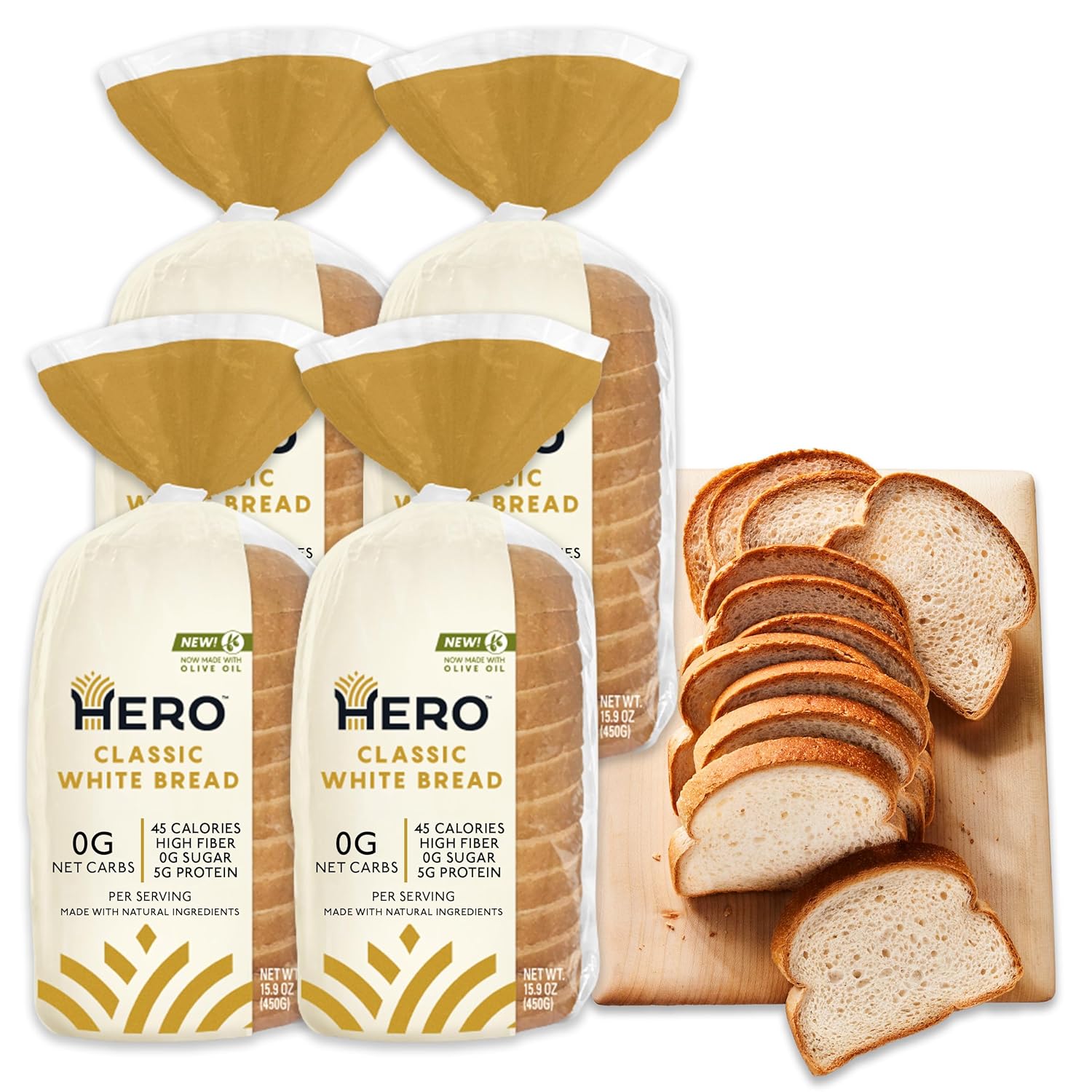 Hero Classic White Bread — Delicious Bread with 0g Net Carb, 0g Sugar, 45 Calories, 10g Fiber per Slice | Tastes Like Regular Bread | Low Carb & Keto Friendly Bread Loaf —15 Slices/Loaf, 4 Loaves