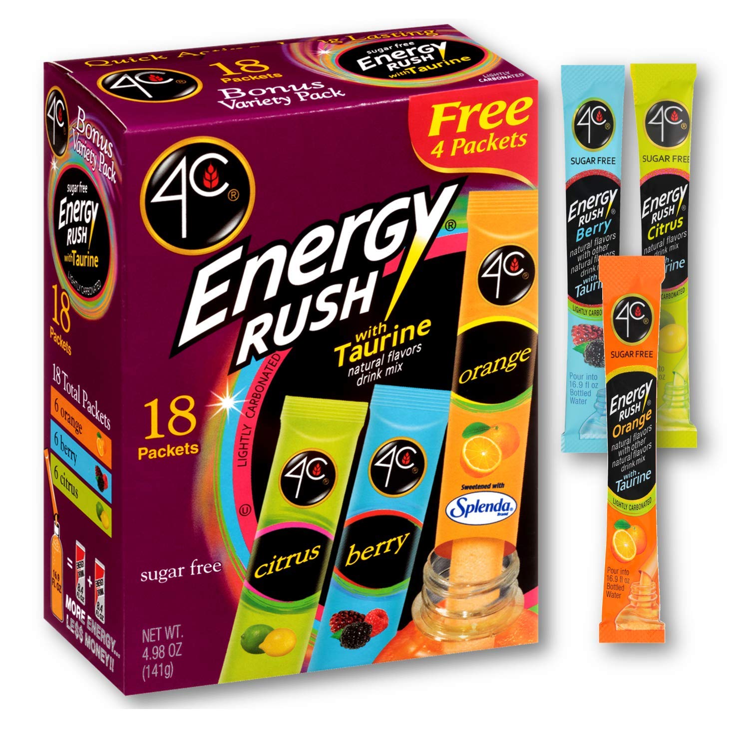 4C Energy Rush Drink Mix - Pack of 2 Boxes - 18 Packets Each - Makes 36 Servings - 6 Orange, 6 Berry, 6 Citrus Packets - Bonus Variety Pack -Net Wt. 4.987 OZ (141g) Each Box
