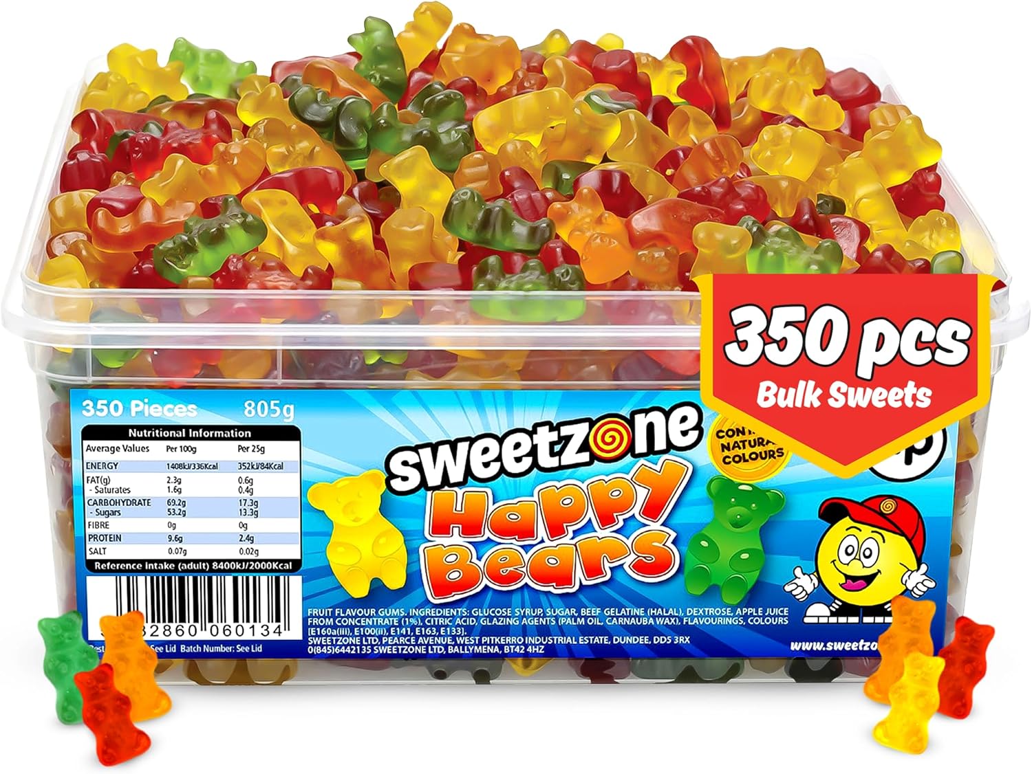 Sweetzone Happy Bears Halal Gummy Bears Bulk Sweets, 805g 350pcs Tub, Assorted Flavour Retro Sweets and Wine Gums, Sweet Bags and Sweet Box Chewy Candy, Bulk Retro Candy Tub, For All Occasions