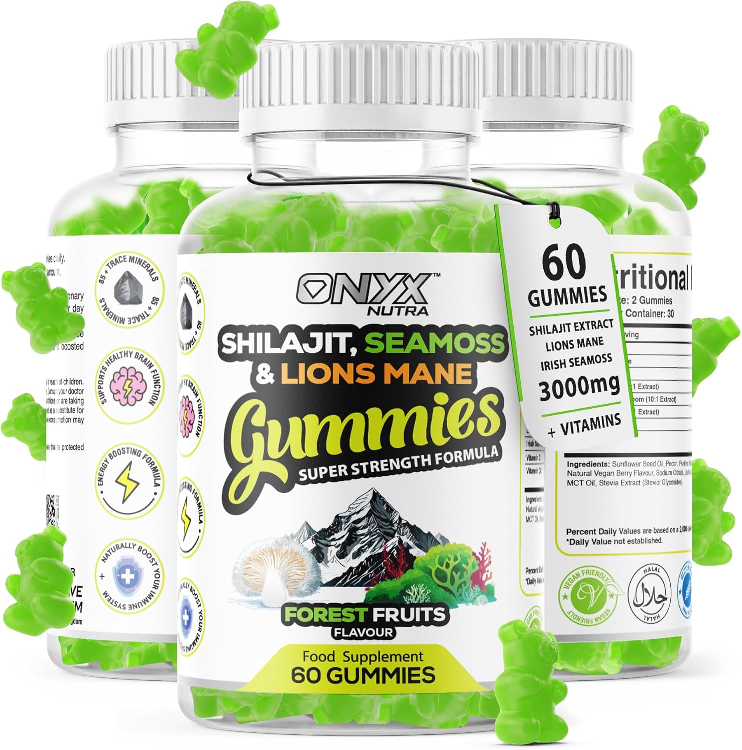 Onyx Sea Moss, Shilajit, Lion's Mane Complex 60 Gummies Vitamin D3 & C - 5 in 1 Natural Energy, Focus, Immunity and Gut Health Support Wellness Supplement