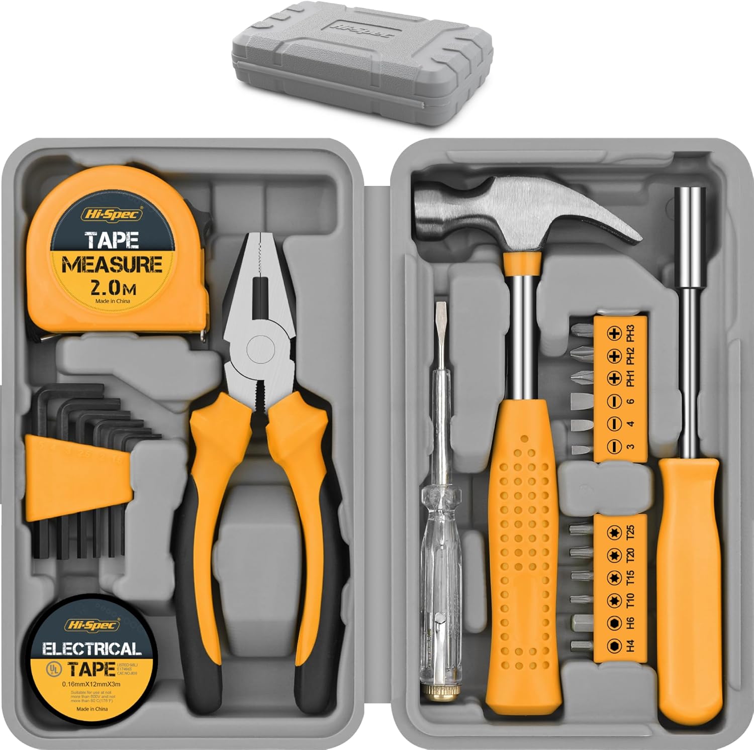 Hi-Spec 24pc Yellow Household DIY Tool Kit. Small Mini Box Set of Starter Basic Tools for Home & Office