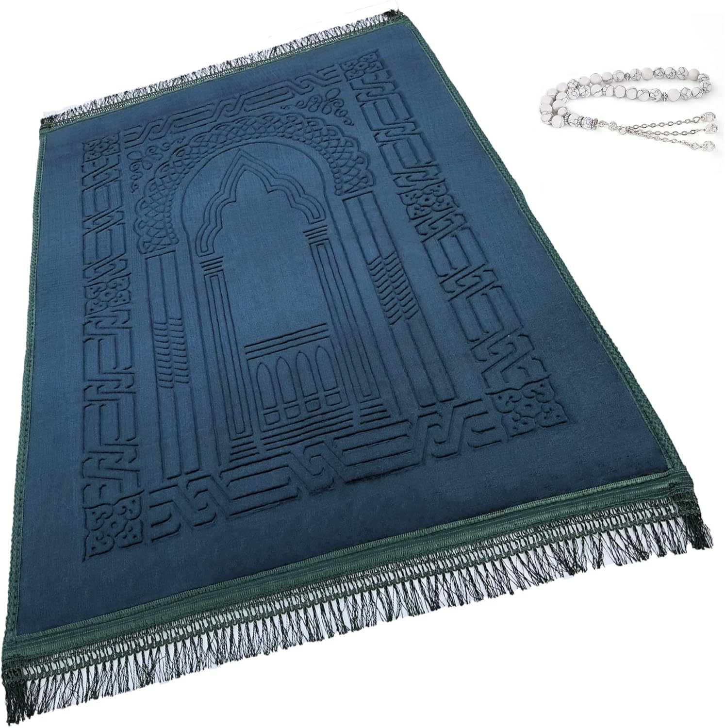 Prayer Rug Muslim Mat Islamic - Thick Large Padded Sajadah for Kids Men Women with Islam Prayer Beads for Eid Travel Ramadan, Soft Luxury Great for Knees and Forehead(green)