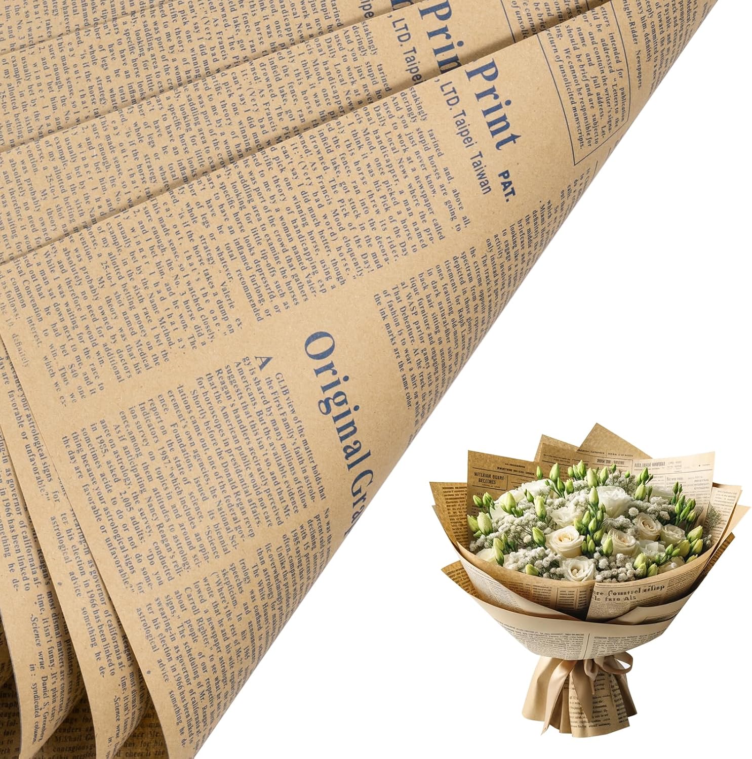 LeZakaa 20 Sheets Kraft Newsprint Flower Wrapping Paper - Reversible Floral Bouquet Paper -Blue Font Kraft Newsprint Design for Valentine's Day, Mother's Day, Parties, Birthdays, Weddings, Baby Shower