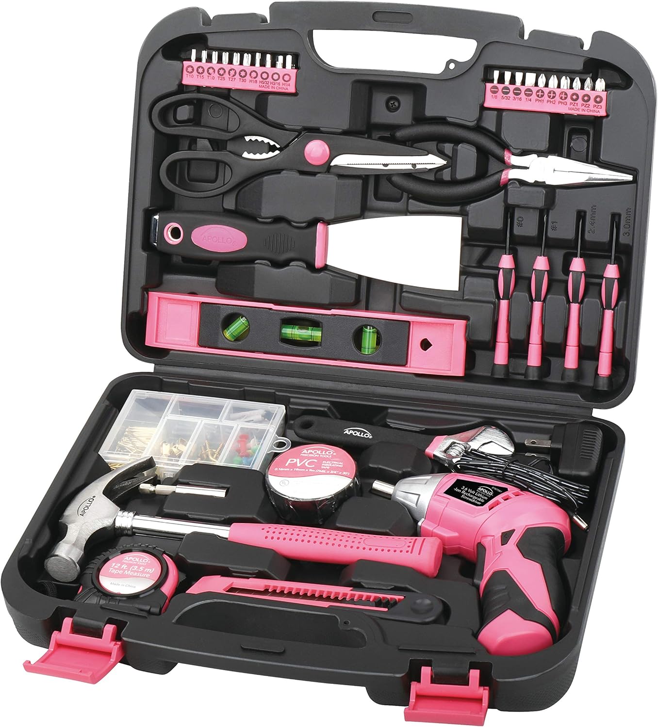 Apollo Tools 135 Piece Household Pink Hand Tools Set with Pivoting Dual-Angle 3.6 V Lithium-Ion Cordless Screwdriver - DT0773N1