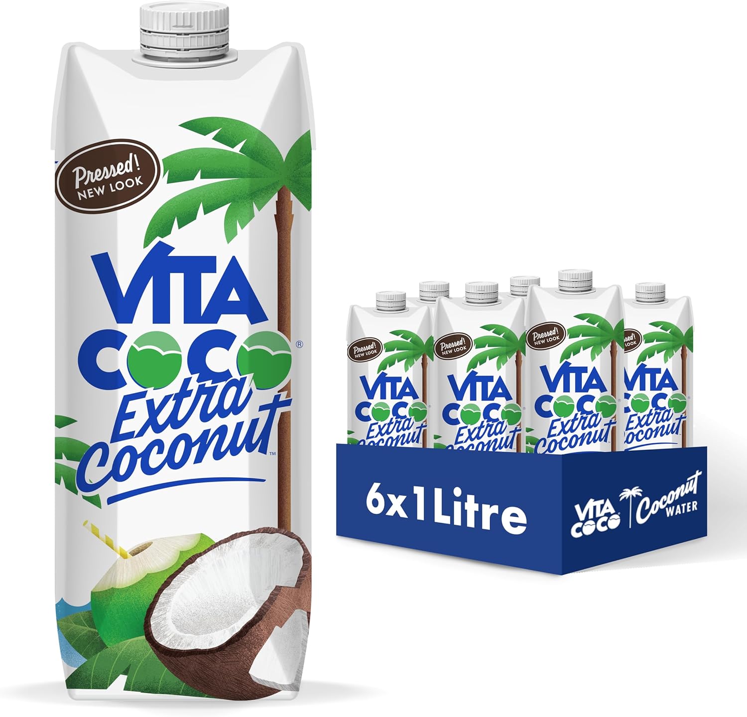 Vita Coco Extra Coconut Water Multipack 1 Litre x 6, Pressed Coconut Water, Coconut Taste, Packed With Electrolytes, Gluten Free, Full of Vitamin C and Potassium