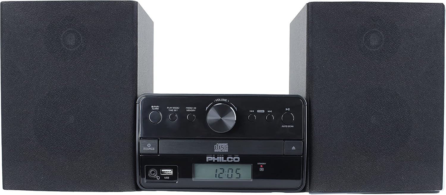 Philco Stereo Shelf Systems Tray Loading CD Player with Digital FM Radio, Bluetooth Streaming, Remote Control in Black | LCD Display | 3.5mm Headphone Jack | MP3 & AUX Port Compatible