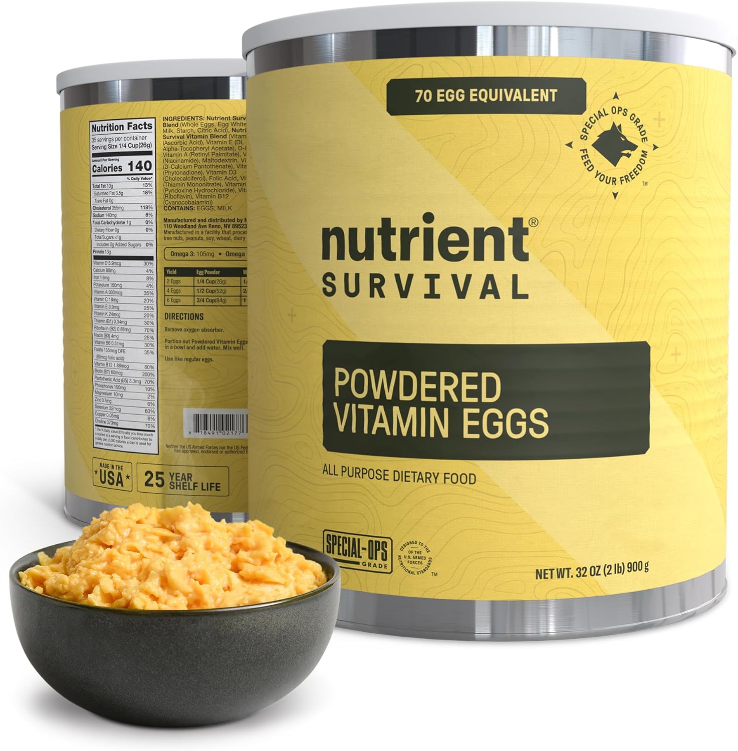 Nutrient Survival Vitamin Powdered Eggs Blend, Freeze Dried Prepper Supplies & Emergency Food Supply, 33 Essential Nutrients, Gluten Free, Shelf Stable Up to 25 Years, One Can, 70 Egg Equivalent