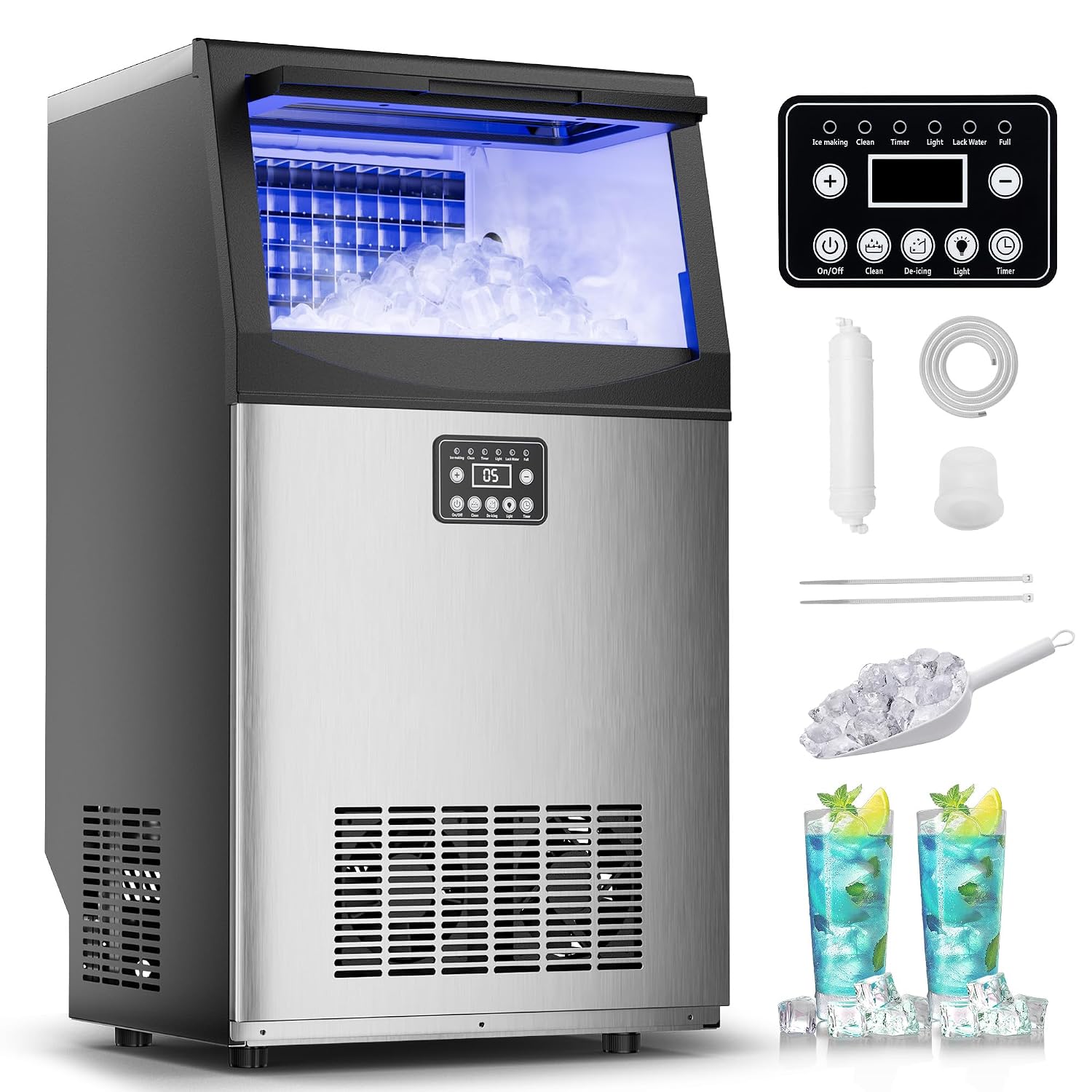 Mountman Commercial Ice Maker,90lbs/24H,45 Cubes in 14 Mins,Stainless Steel Ice Machine with 33lbs Storage Capacity,Self-Cleaning,Water Filter,Under Counter/Freestanding Ice Maker for Cafe,Home