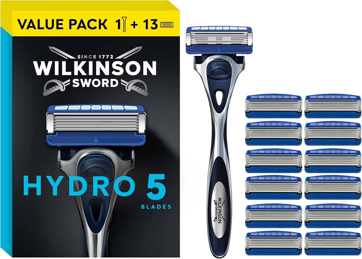 Wilkinson Sword Hydro 5 Skin Protection Razor, Carbon Coated 5 Blades, Hydrating Gel, Flip Trimmer, 1 Handle + 13 Refills, Men's