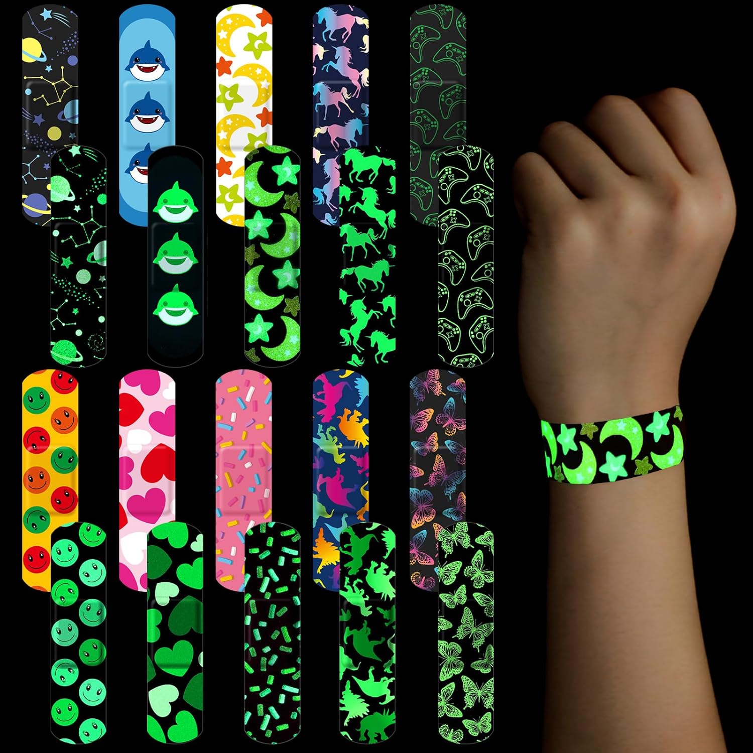 100 Pcs Glow in The Dark Bandage for Kids Cute Breathable Waterproof Neon Bandages for Girls Boys Children Toddlers Adhesive Flexible Wrap for Cuts, Scrapes, Wounds(Cute)