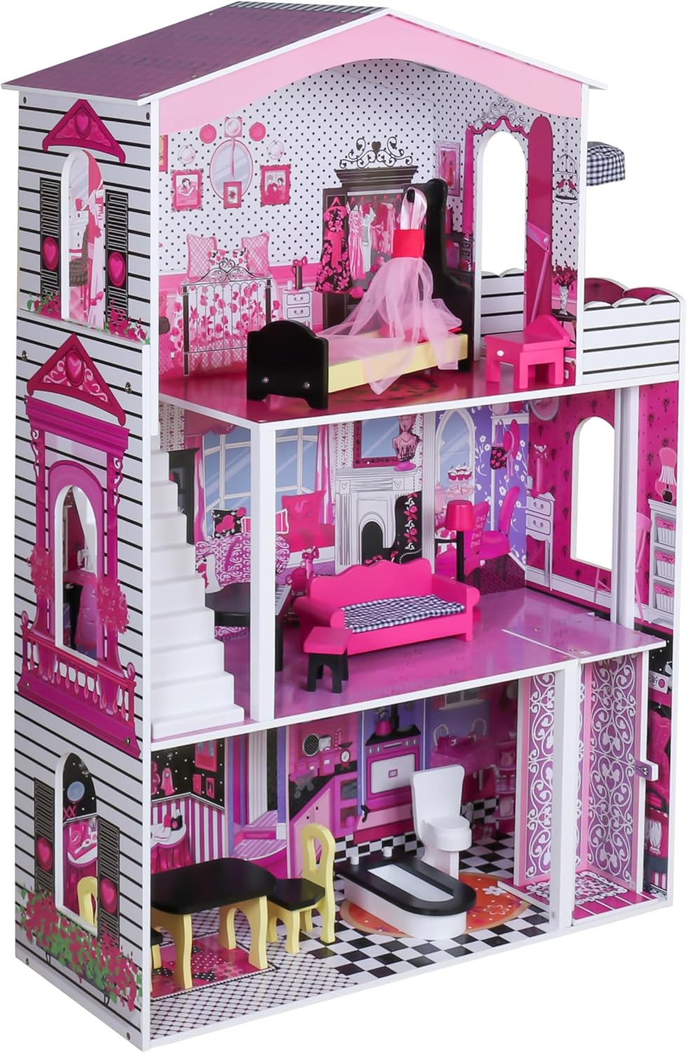 Large Wooden Play Doll House With Accessories & Furniture Role Play Doll House 4 Designs Christmas, Birthday Girls Gift (Design 4)