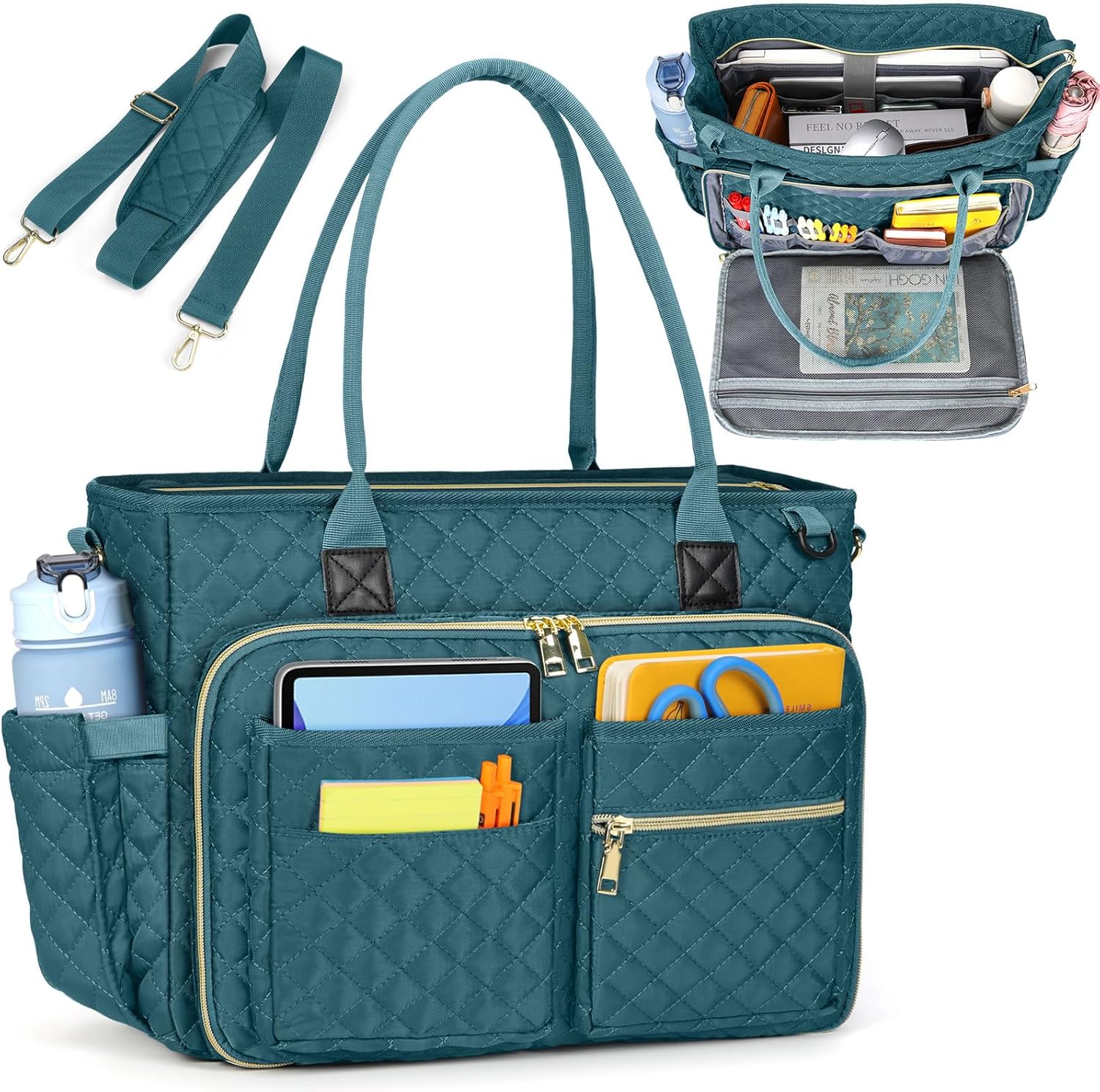 RAINSMORE Teacher Tote Bag 15.6 inch Laptop Bag for Women Work Bags Laptop Tote Nurse Bag Professional Computer Messenger with Insulated Pocket, Laptop Briefcase for Office, College, Nursing, Teal