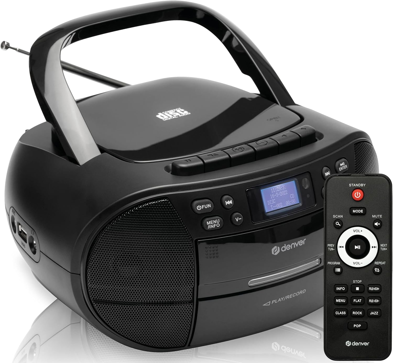 Denver Portable Radio CD Tape Cassette Player With DAB Radio – Mains or Battery Power, Cassette Tape Play & Record, DAB+ & FM Clock Radio & Alarm, USB for MP3 Playback, Stereo System Boombox - TDC-280